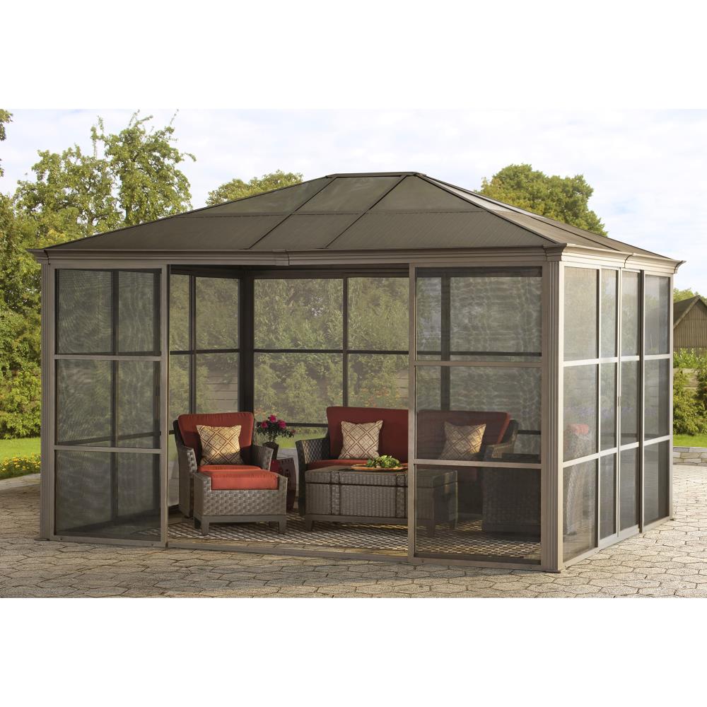 Sunjoy Brown Metal Rectangle Screened Semi- Gazebo (Exterior: 13.4-ft x ...