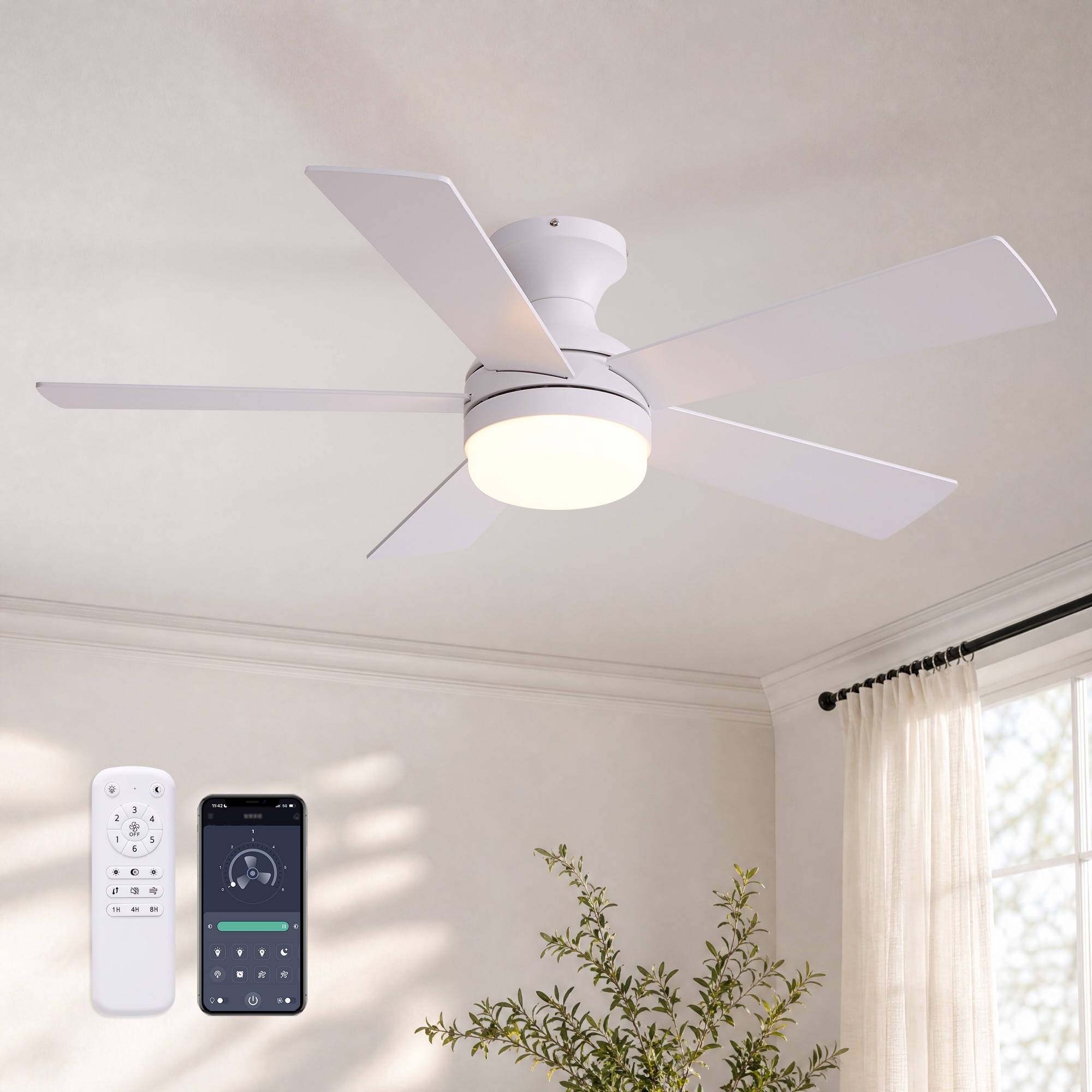 Antoine Modern Low Profile 42-in White LED Flush Mount Ceiling Fan With Light and Remote Control Included