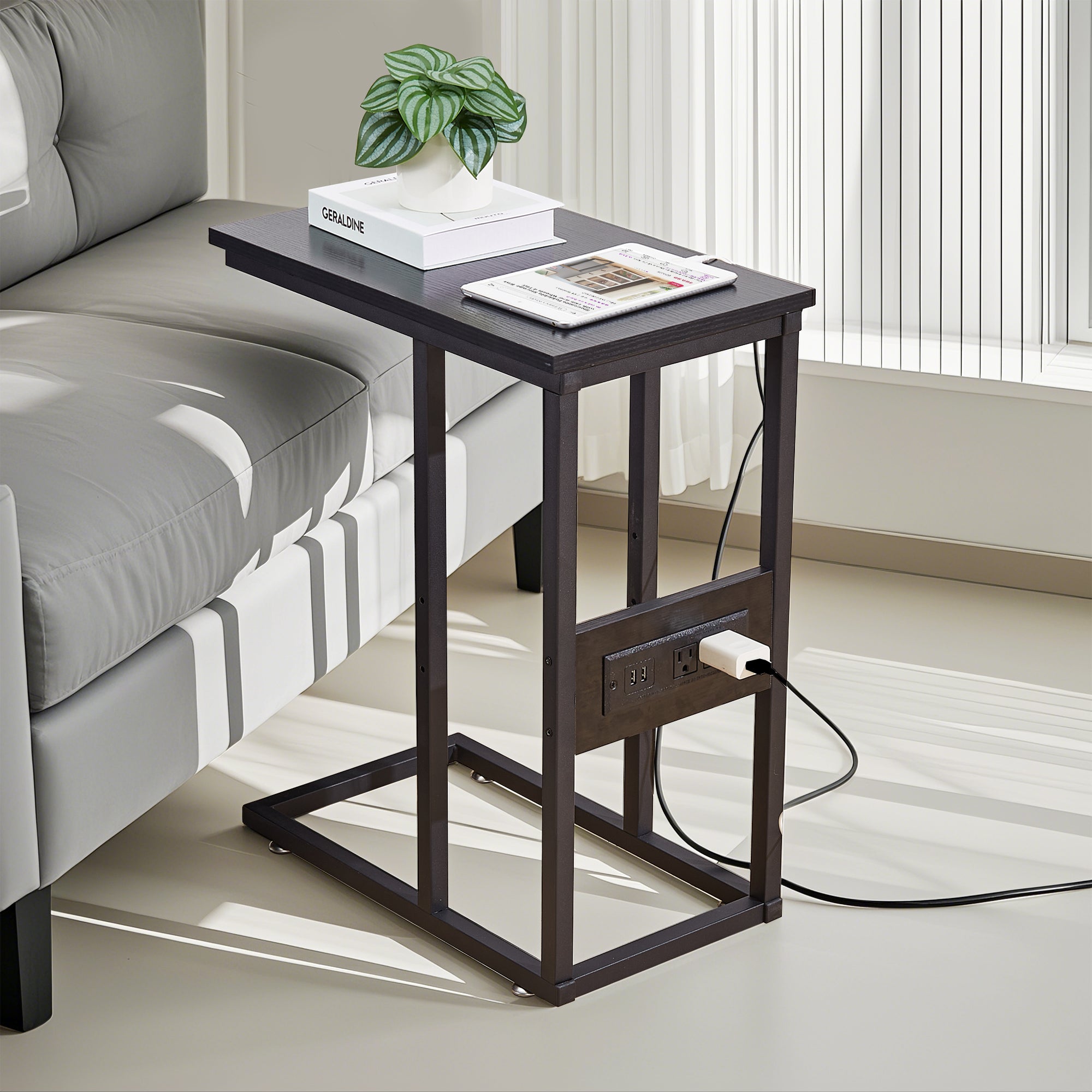 Vecelo LOE-DC-ST01-BLK-UP C Shaped End Side Table with Charging Station and 2 USB Ports and Outlets for Living Room Bedroom with Adjustable Feet for Couch Sofa