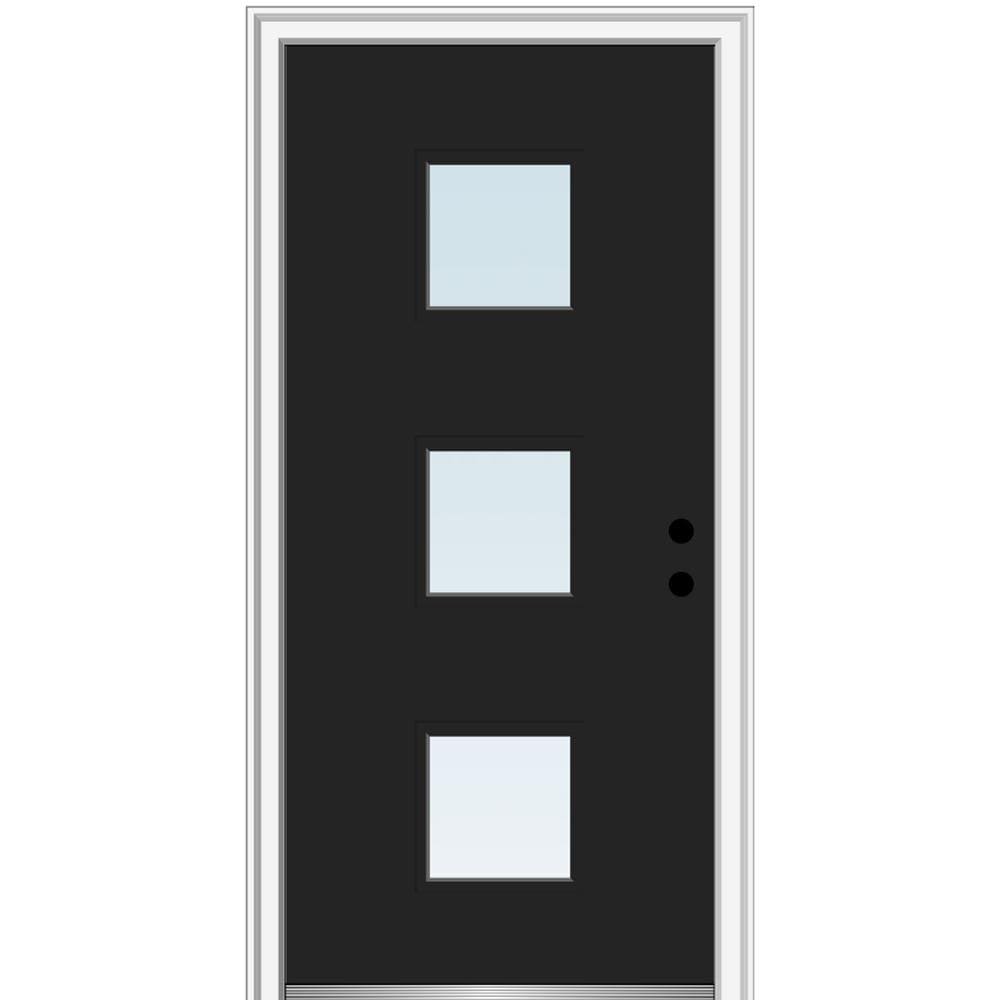 MMI DOOR ZZ348800L Spotlights 30-in x 80-in x 6-9/16-in Fiberglass Pulse lite Left-hand inswing Black Painted Prehung Front Door with Brickmould Insulating core