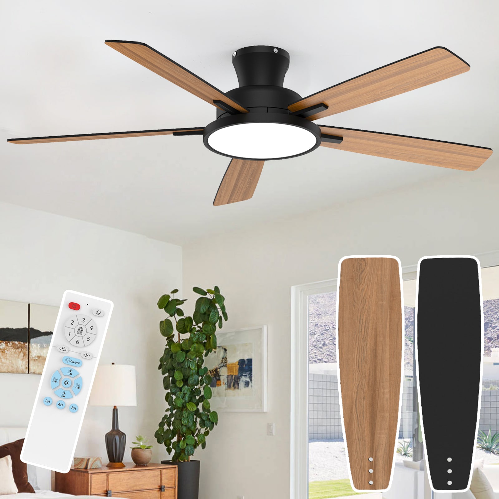 TALOYA 52-in Modern Black Flush Mount Ceiling Fan with Integrated LED Light Remote Control Reversible DC Motor 5 Dual Finish White and Oak Plywood Blades for Living Rooms Offices and Covered Patios