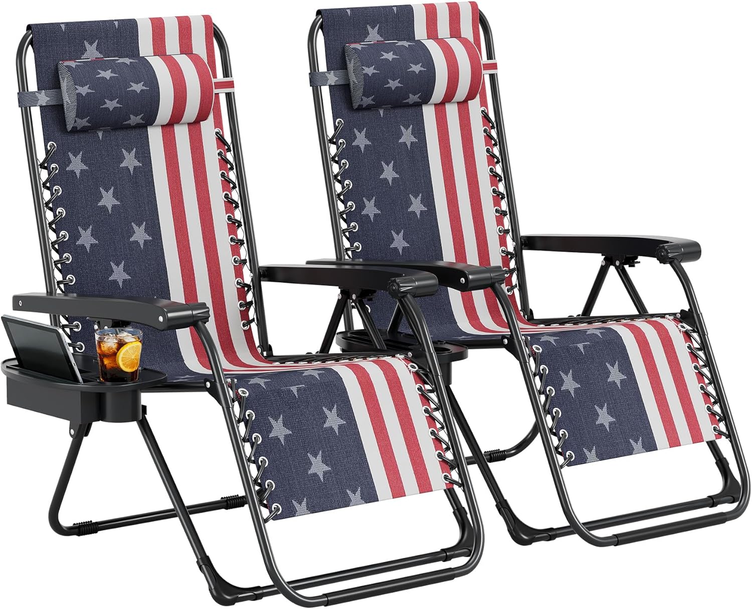 IdealHouse 2 Piece Patio Lounge Chair Set with Pillow and Cup Holder Tray Adjustable Foldable Recliner Portable Camping Chair Ideal for Patio Garden Deck Beach and Outdoor Use #LW-JAS-LD6S
