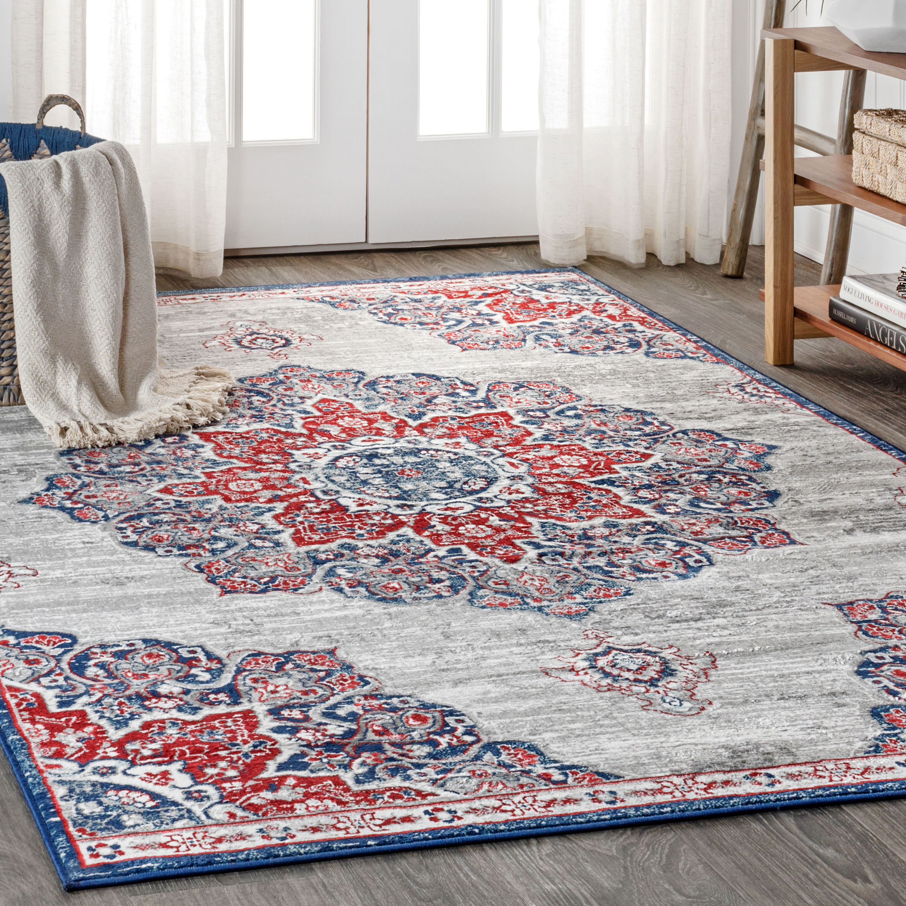 JONATHAN  Y MDP103A-4 MODERN PERSIAN Vintage Moroccan 4 x 6 (ft) Loomed Polypropylene Navy/Red Rectangular Indoor Medallion Persian Area rug
