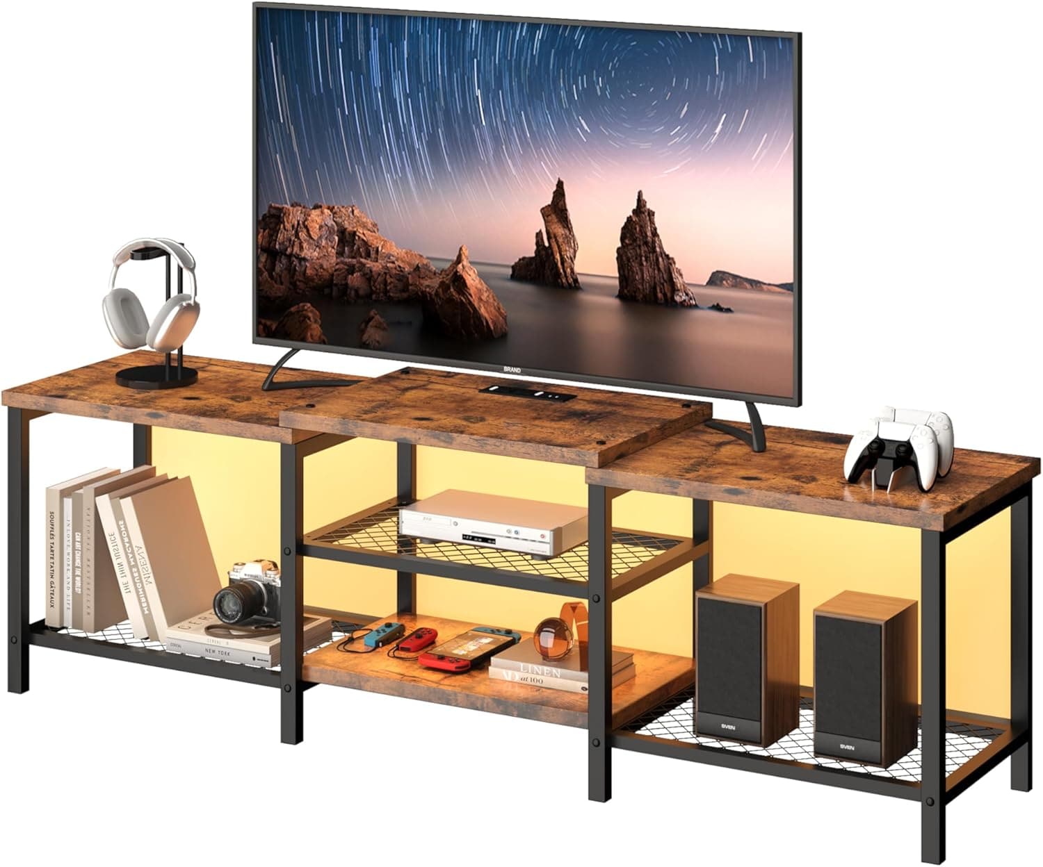Garvee - TV Stand with LED Lights for 55/65/75 Inch TV 67 Inch Large Entertainment Center with Po...