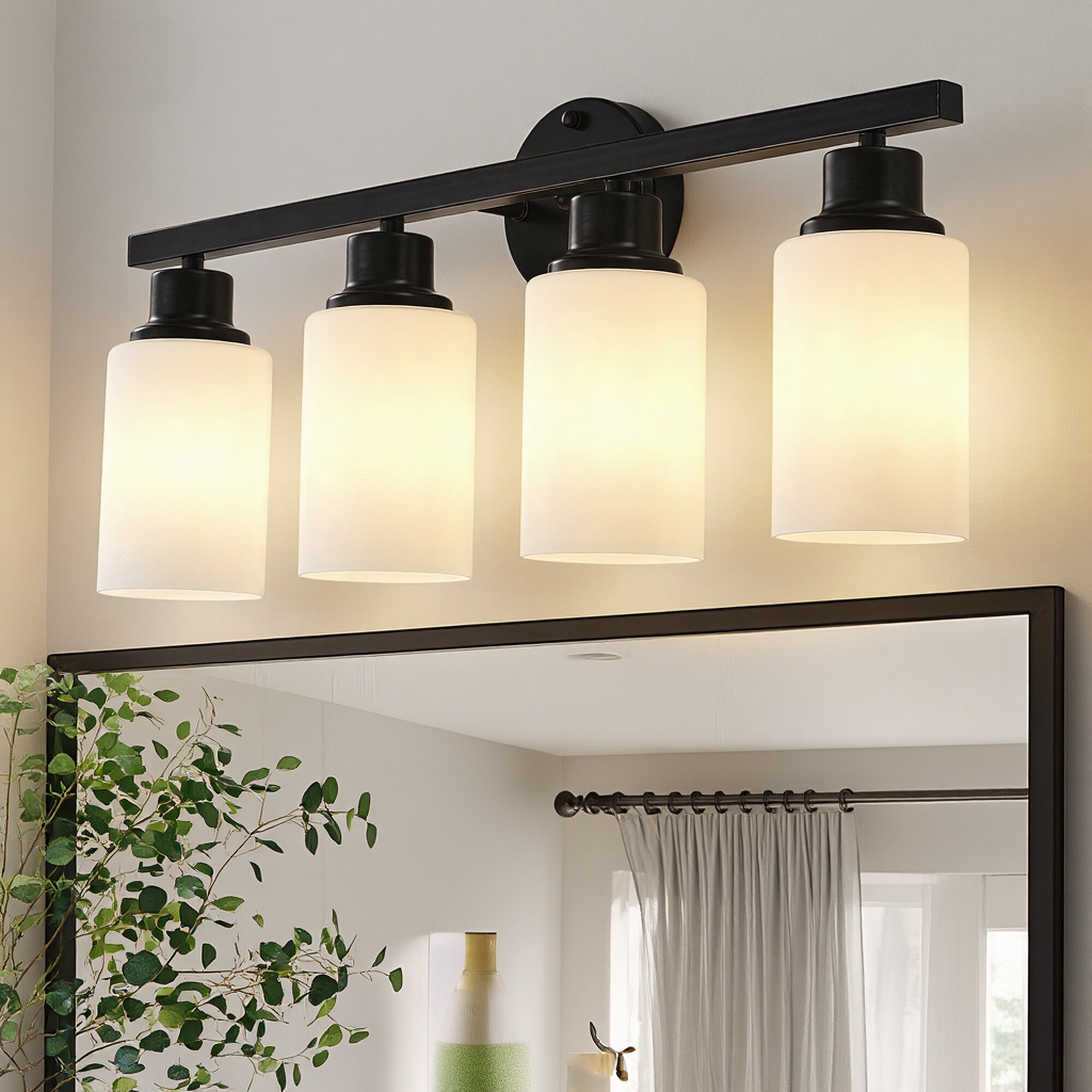 xersbav Black Farmhouse Bathroom Vanity Light Over Mirror Modern 4 Light 24.61in Wall Sconce with Milky White Glass Shades