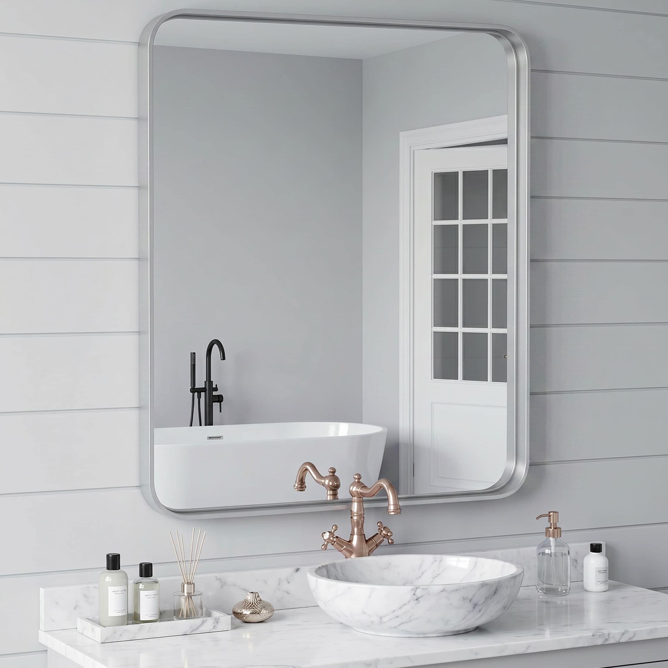 Sweetcrispy 28-in W x 32-in H Rectangle Silver Brushed Metal Framed Wall Mirror
