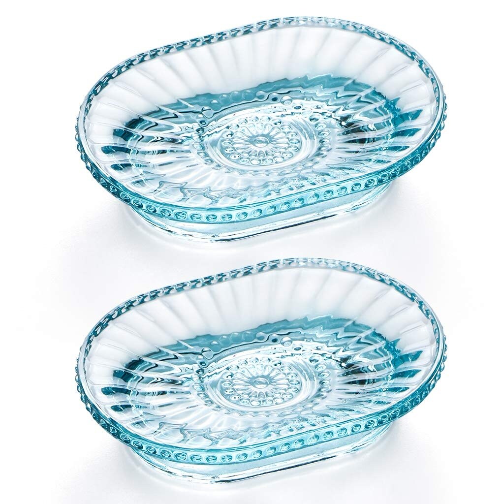 Aoibox  Glass Soap Dish Embossed Blue Bar Soap Holder Vintage Decorative Tray Lead Free for Bathroom Sink Kitchen Sink Shower Bathtub Pack of 2