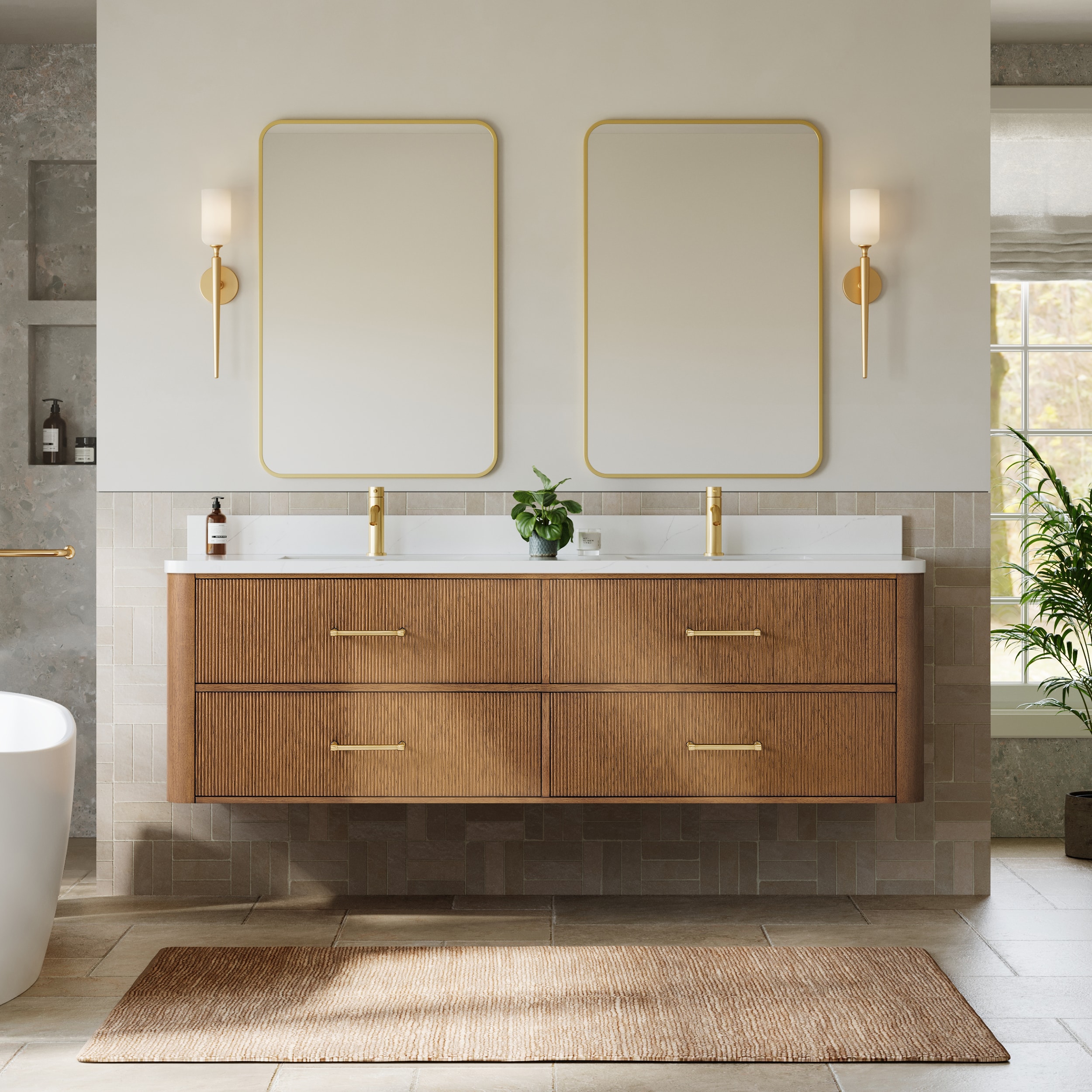 Wyndham Collection Francesca WM 72 Inch Double Wall Mounted Bathroom Vanity in Toasted Walnut, Rounded Giotto Quartz Countertop, Undermount Square Sinks (1-Hole), Satin Bronze Trim