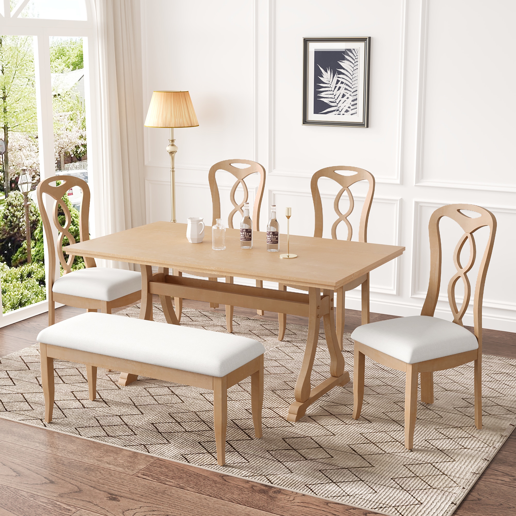 ModernLuxe L-SP000052AAA Retro 6-Piece Trestle Dining Table Set Natural+Beige Contemporary/Modern Dining Room Set with Rectangular Table ( Seats 6 )