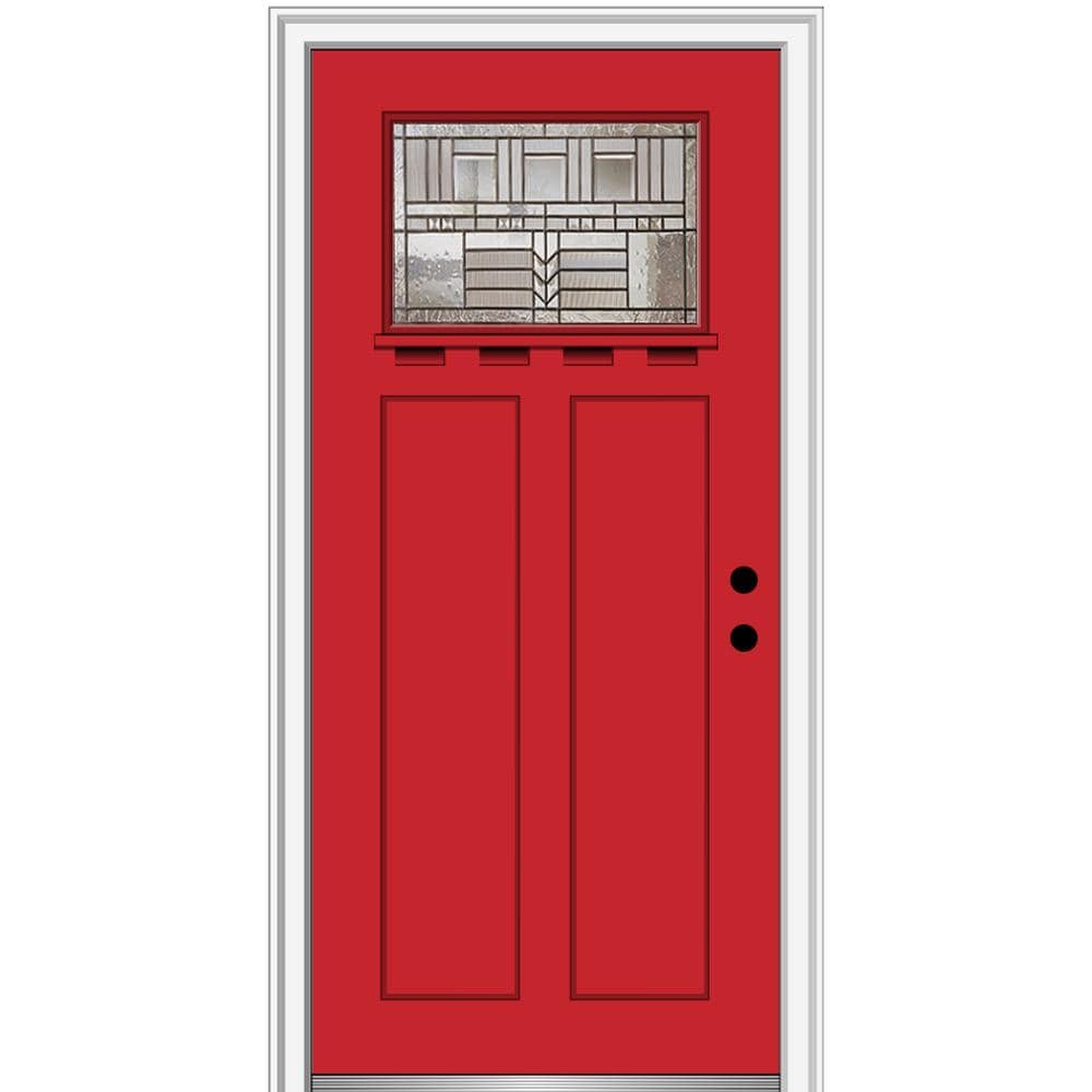 MMI DOOR ZZ3664330L 36-in x 80-in x 4-9/16-in Fiberglass Craftsman Left-hand inswing Red Saffron Painted Prehung Front Door with Brickmould Insulating core