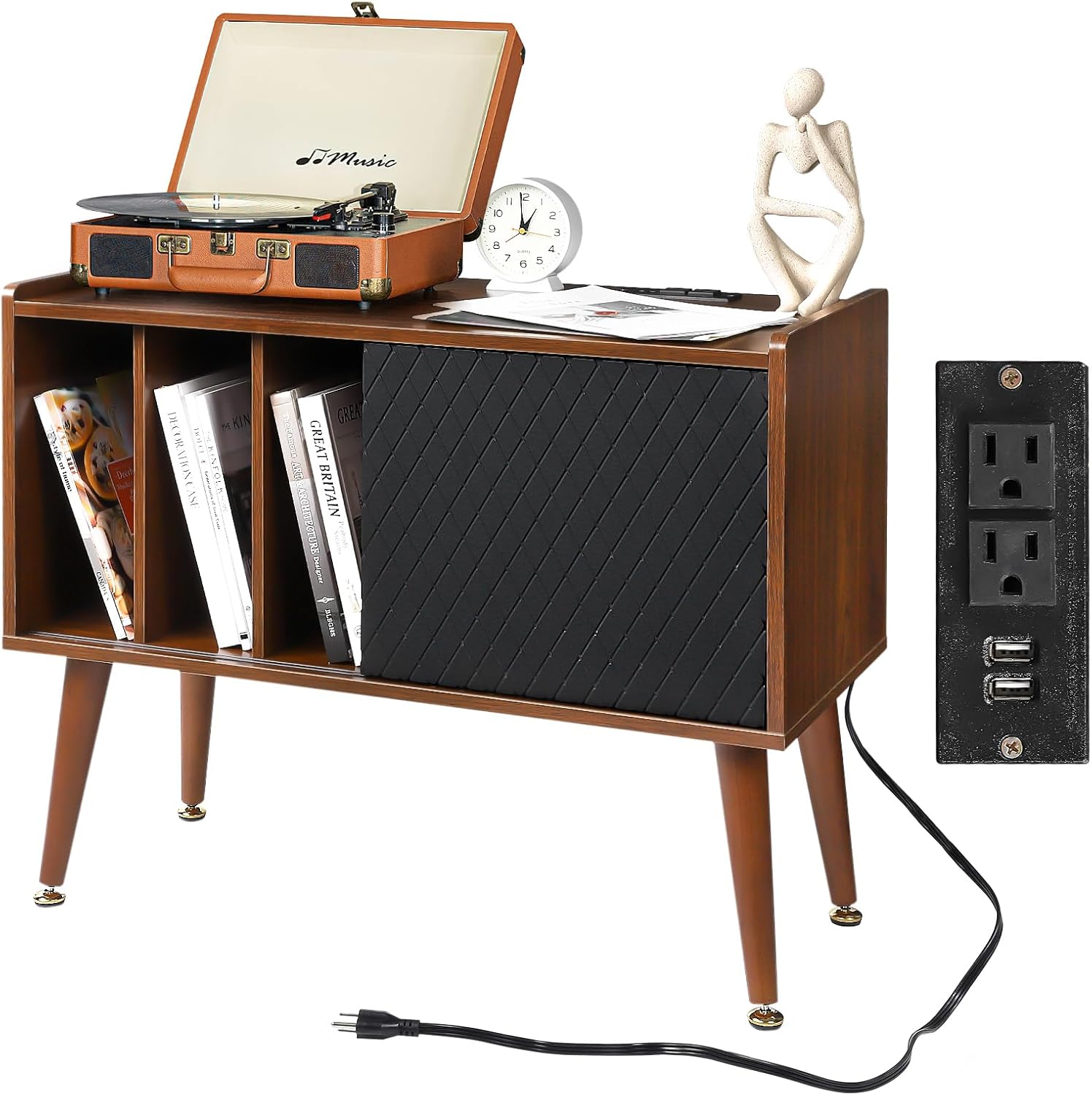Garvee Large Record Player Stand with Charging Station Vinyl Record Storage Cabinet with Sliding Door for Living Room Bedroom Rustic Brown Turntable Stand Holds up to 300 Albums End Table Sofa Side Table