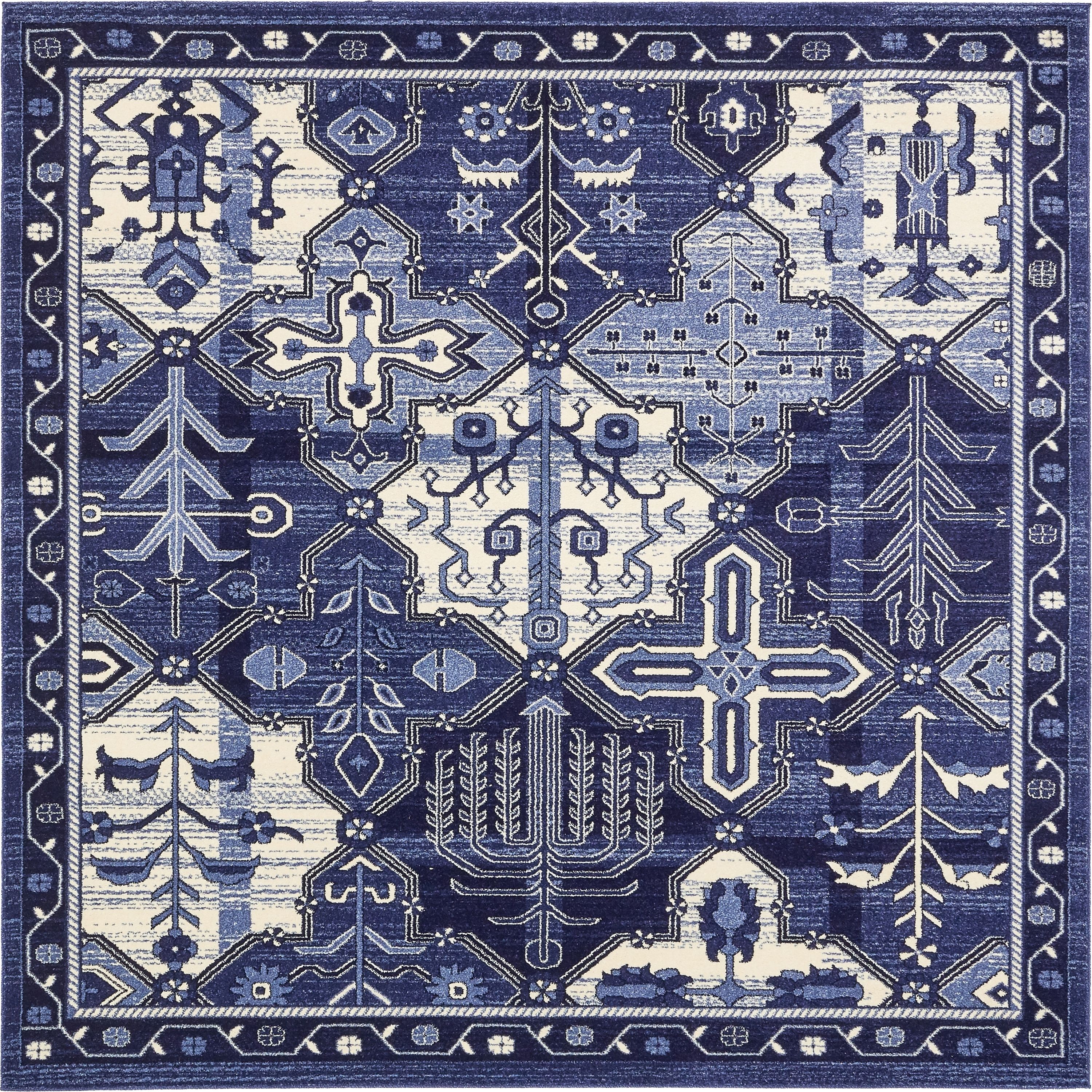 Unique Loom 3129487 Cathedral La Jolla 8 x 8 (ft) Loomed Polypropylene Blue/Ivory Square Indoor Geometric Bohemian/Eclectic Area rug