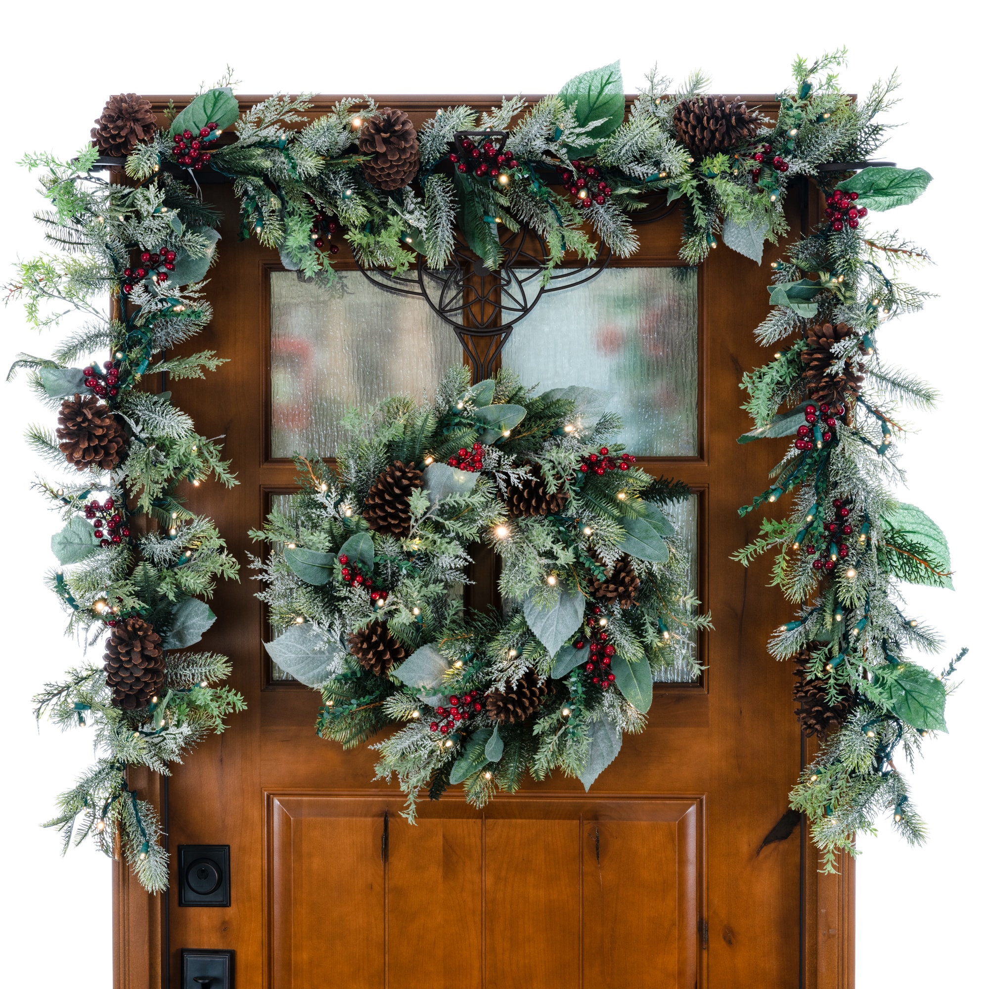 24-Inch Pre-Lit Pine Christmas Wreath with Red and Green Ornaments