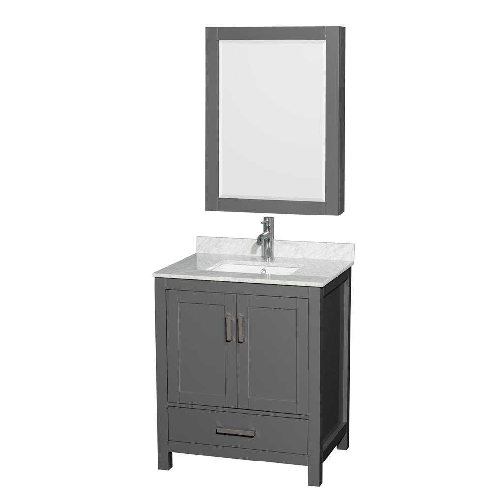 Wyndham Collection WCS141430SKGCMUNSMED Sheffield 30-in Dark Gray with Brushed Chrome Trim Undermount Single sink Bathroom Vanity with White Carrara Marble Natural marble Top (Mirror Included)