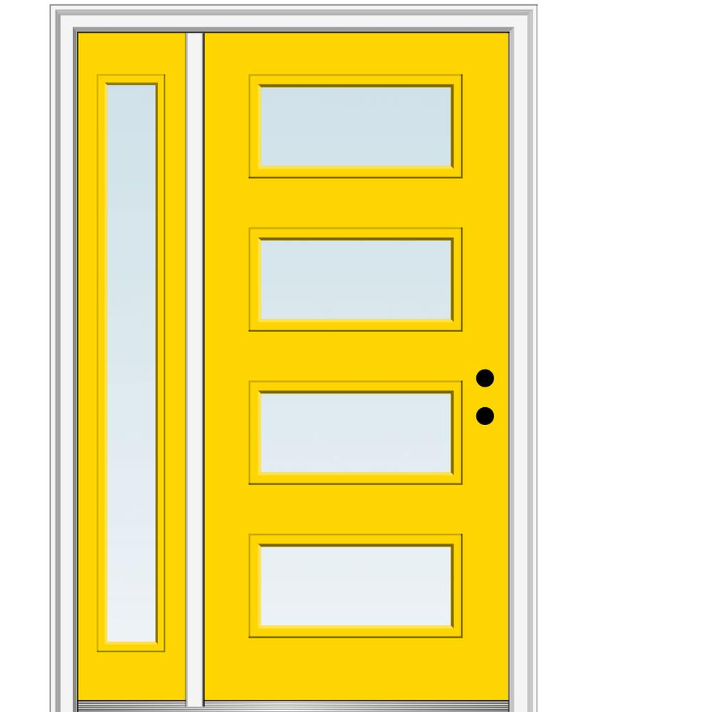 MMI DOOR ZZ348269L Spotlights 50-in x 80-in x 6-9/16-in Fiberglass Full lite Left-hand inswing Yellow Flash Painted Prehung Front Door with Left Sidelight with Brickmould Insulating core