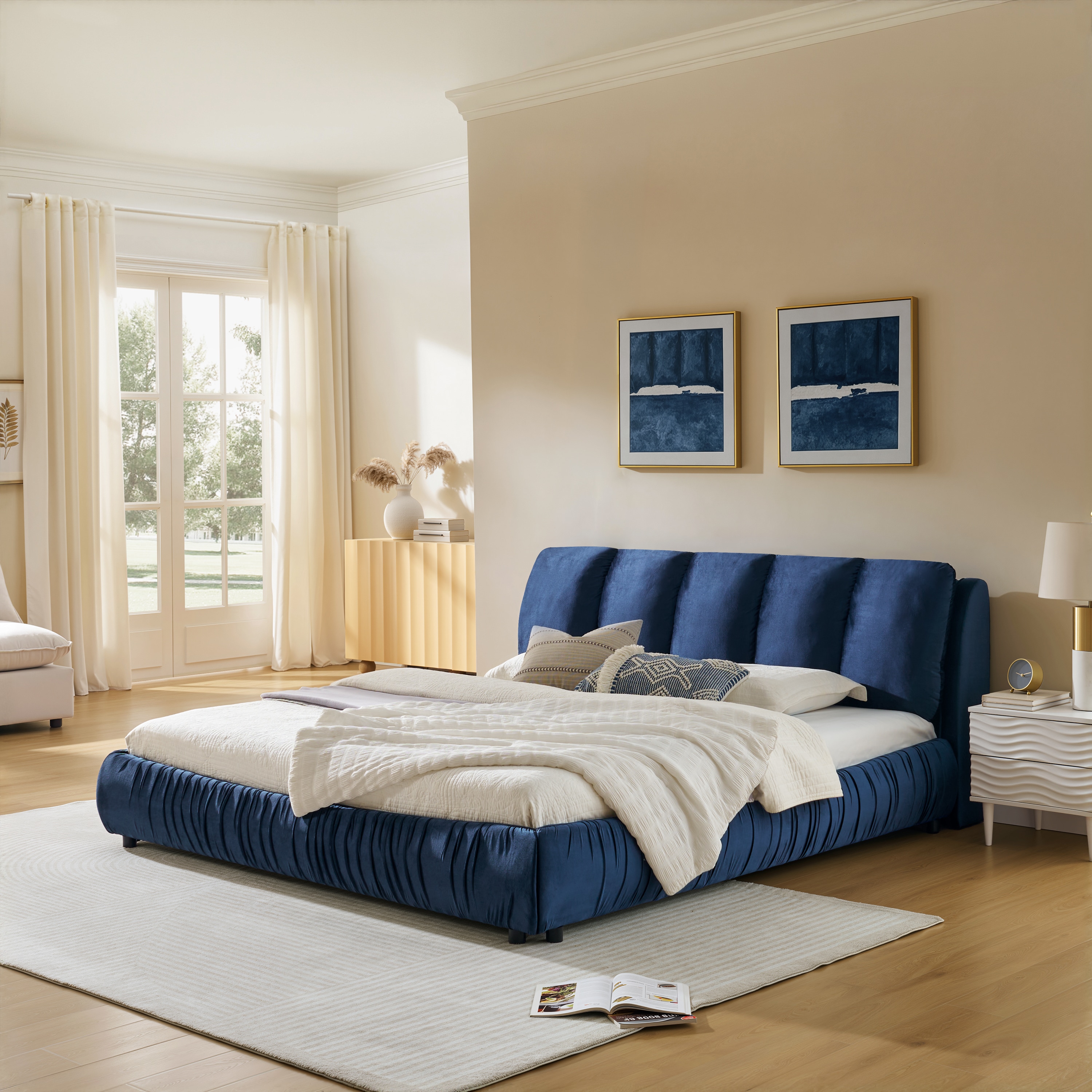 KTMBDW - King Platform Bed Frame with Sponge Headboard - Modern Upholstered Bed with Shiny Velvet...