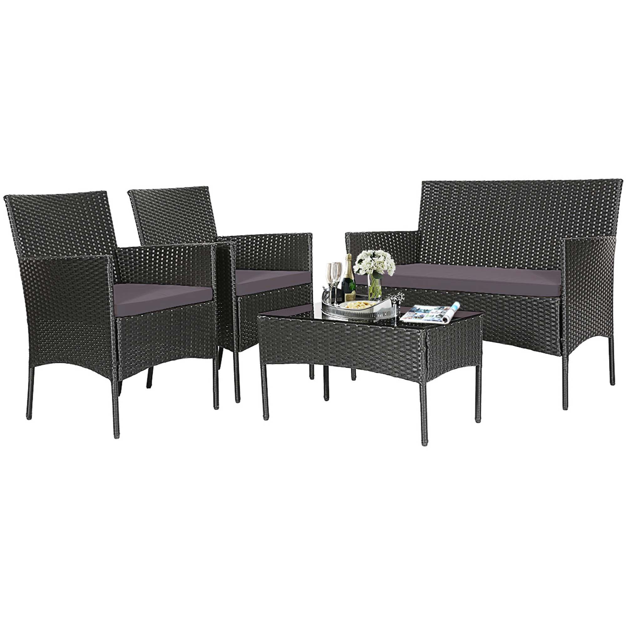 Costway HCST00951 4 -Piece Rattan Patio Conversation Set with Gray Cushions
