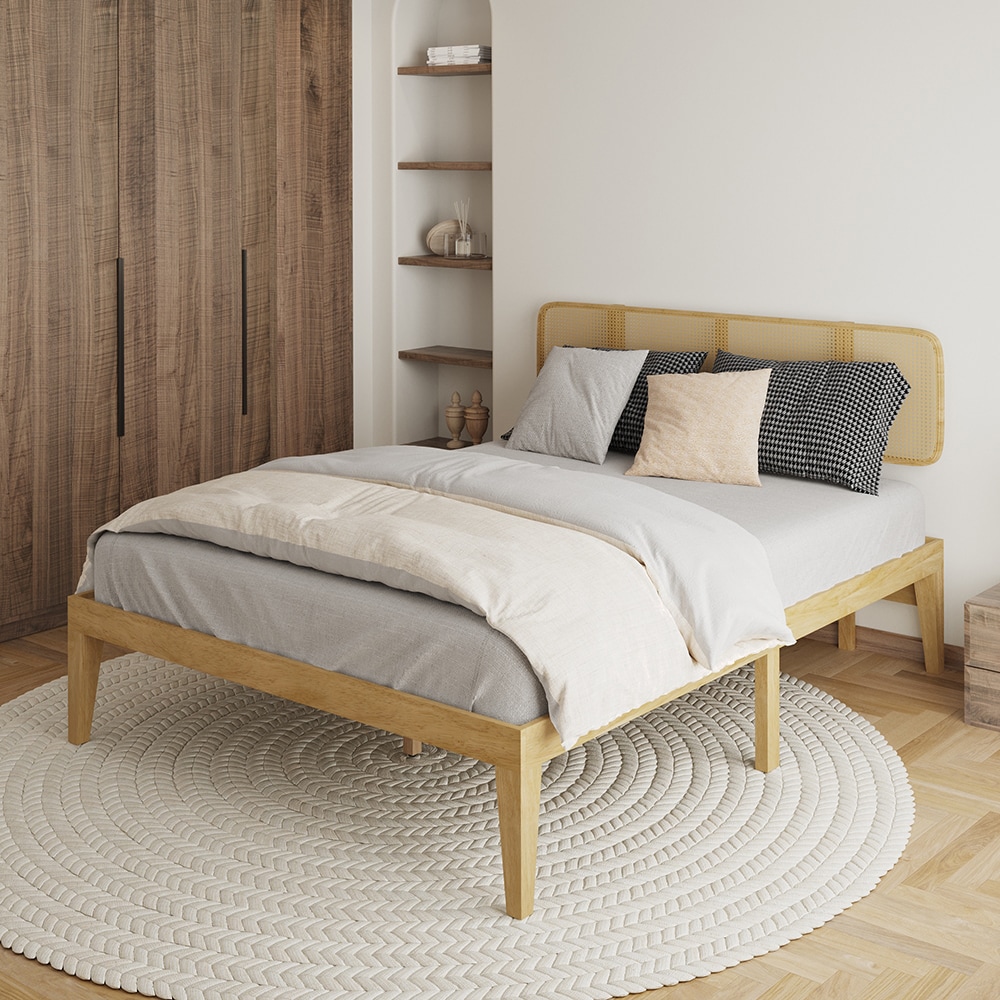 Homsee  Solid Wood Queen Bed Frame with Woven Look Rattan Headboard and Sturdy Plywood Support Structure 82.9''L x 62''W x 40.9''H Brown