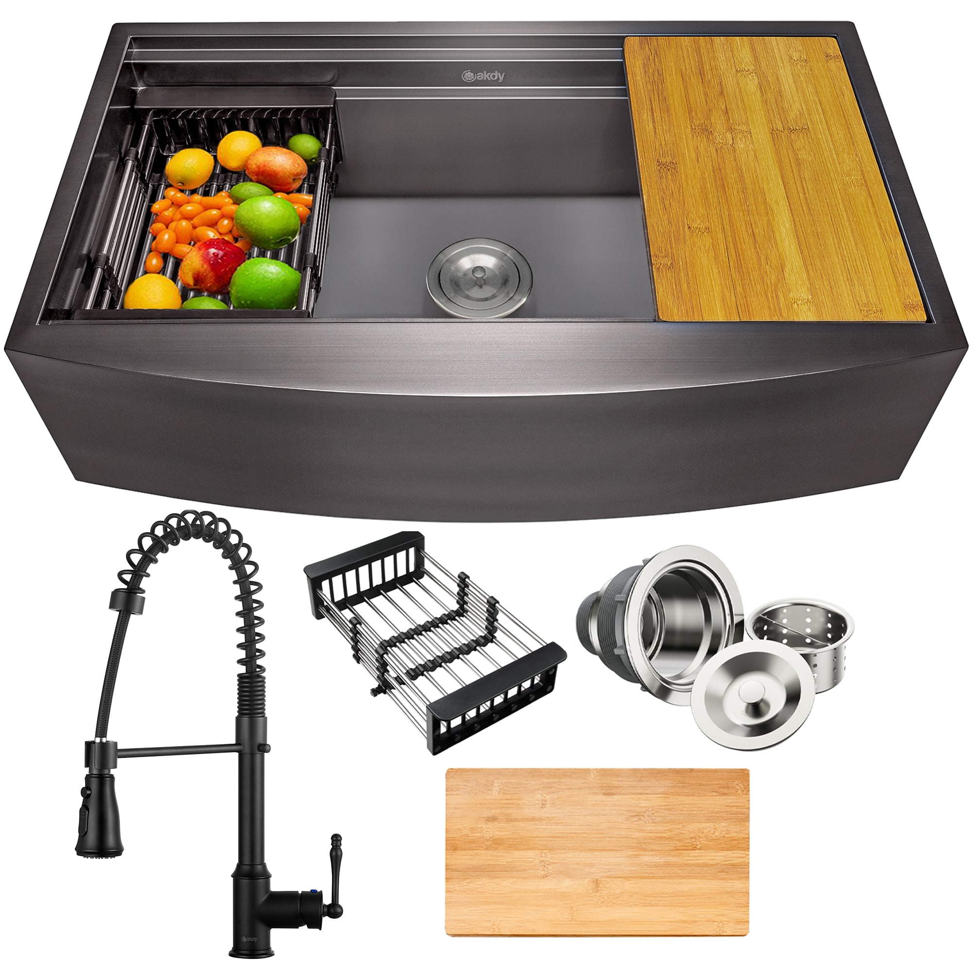AKDY Farmhouse apron front 33-in x 20-in Stainless steel Single bowl Workstation Kitchen Sink All-in-One Kit