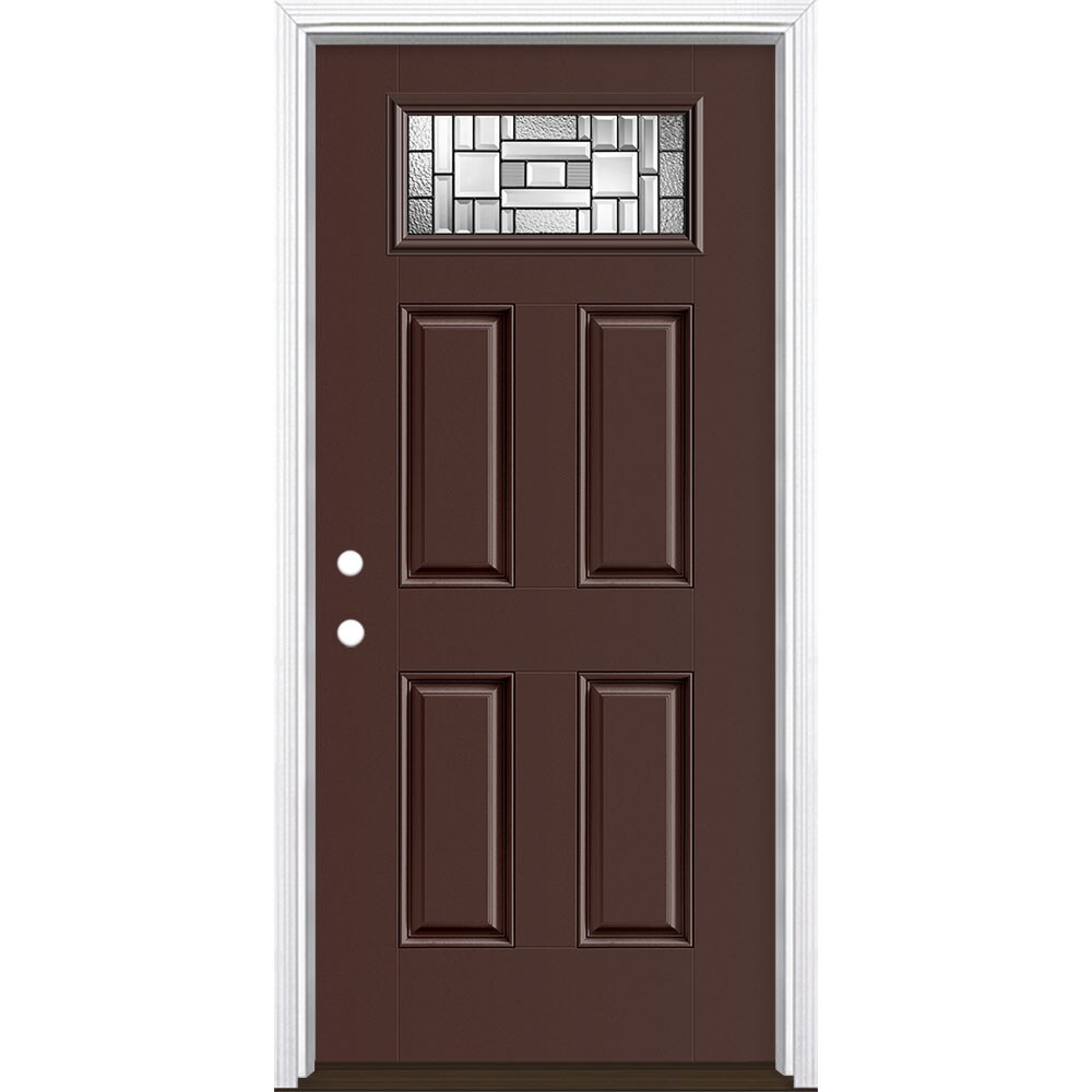 Masonite 3421354 Naples 36-in x 80-in x 4-9/16-in Fiberglass 1/4 lite Right-hand inswing Chocolate Painted Prehung Single door Front Door with Brickmould Insulating core Decorative glass