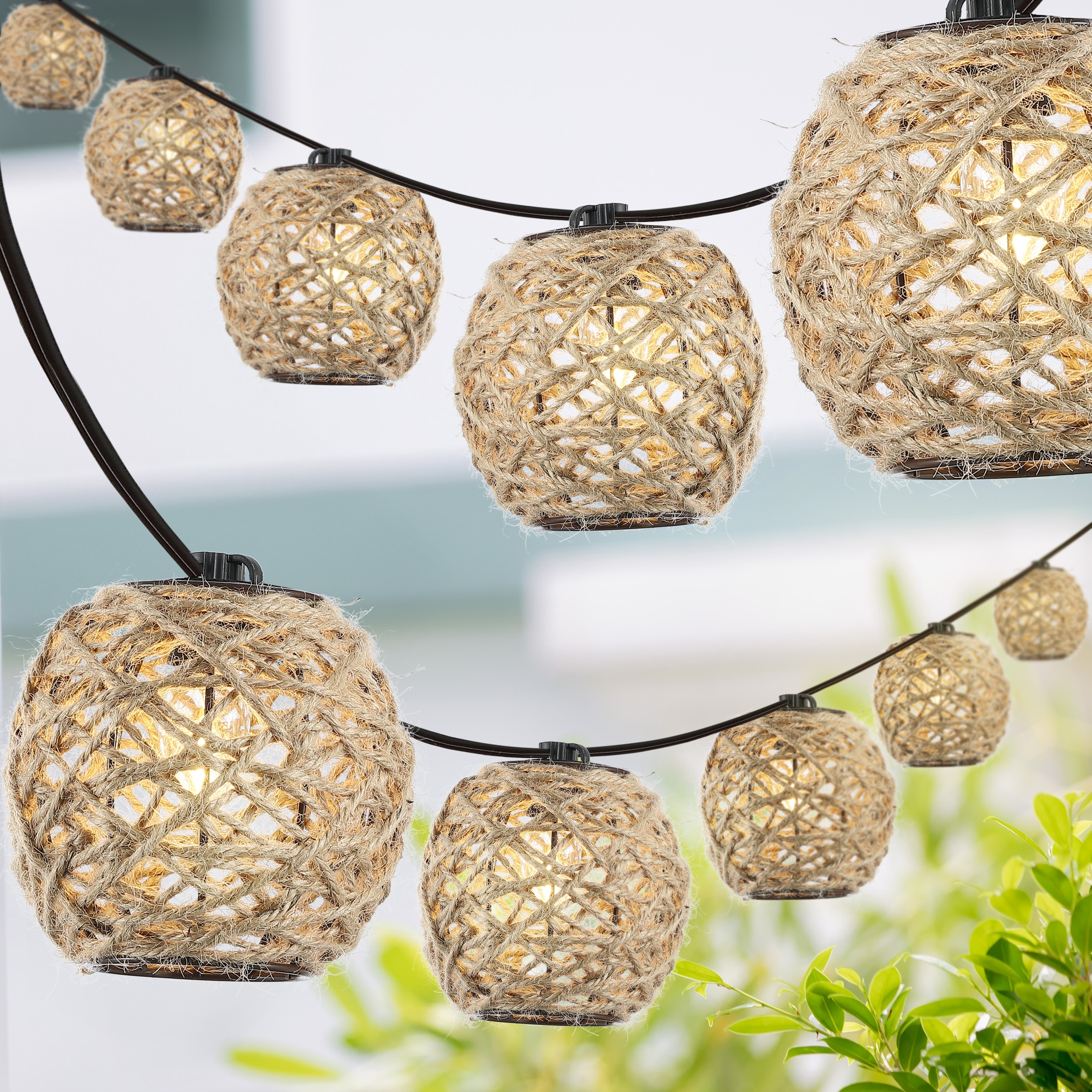 JONATHAN  Y JYL8710A 10-Feet Plug-in Light Brown/Hemp Rope Indoor/Outdoor String Light with 10 White -Light LED Novelty Bulbs