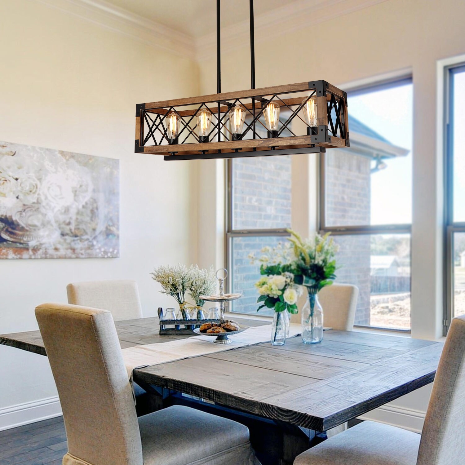 Rustic Black and Brown Wood Cage 5-Light Chandelier
