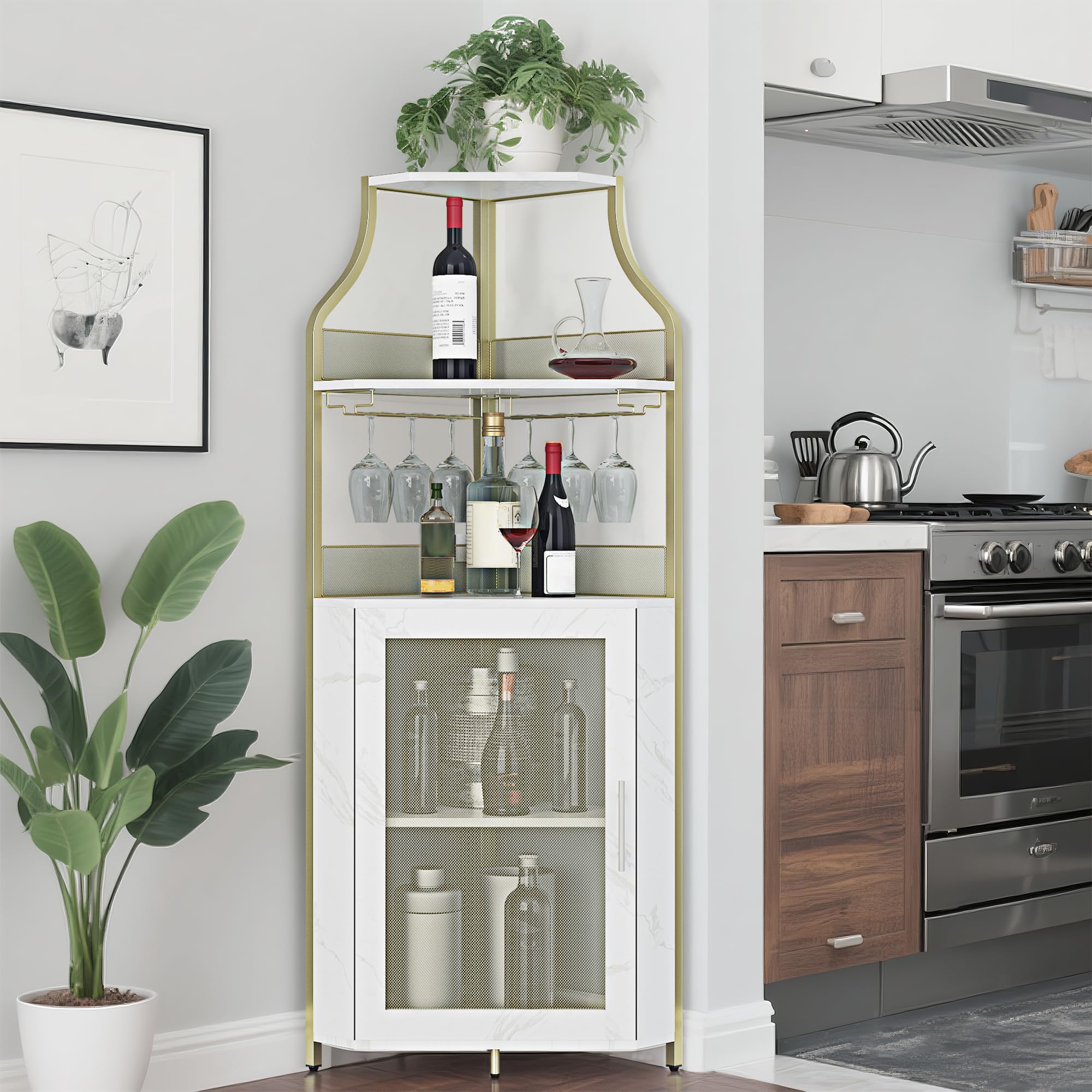 GarveeLife 5 Tier Corner Wine Cabinet with Wine Rack Glass Holder ...