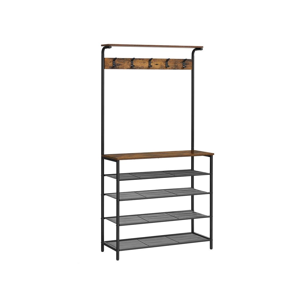 Slickblue Freestanding Coat Rack with Shoe Shelves - Contemporary 72.2-in. Rustic Brown and Black Particleboard and Steel Hall Tree with Top Display Shelf for Bedroom