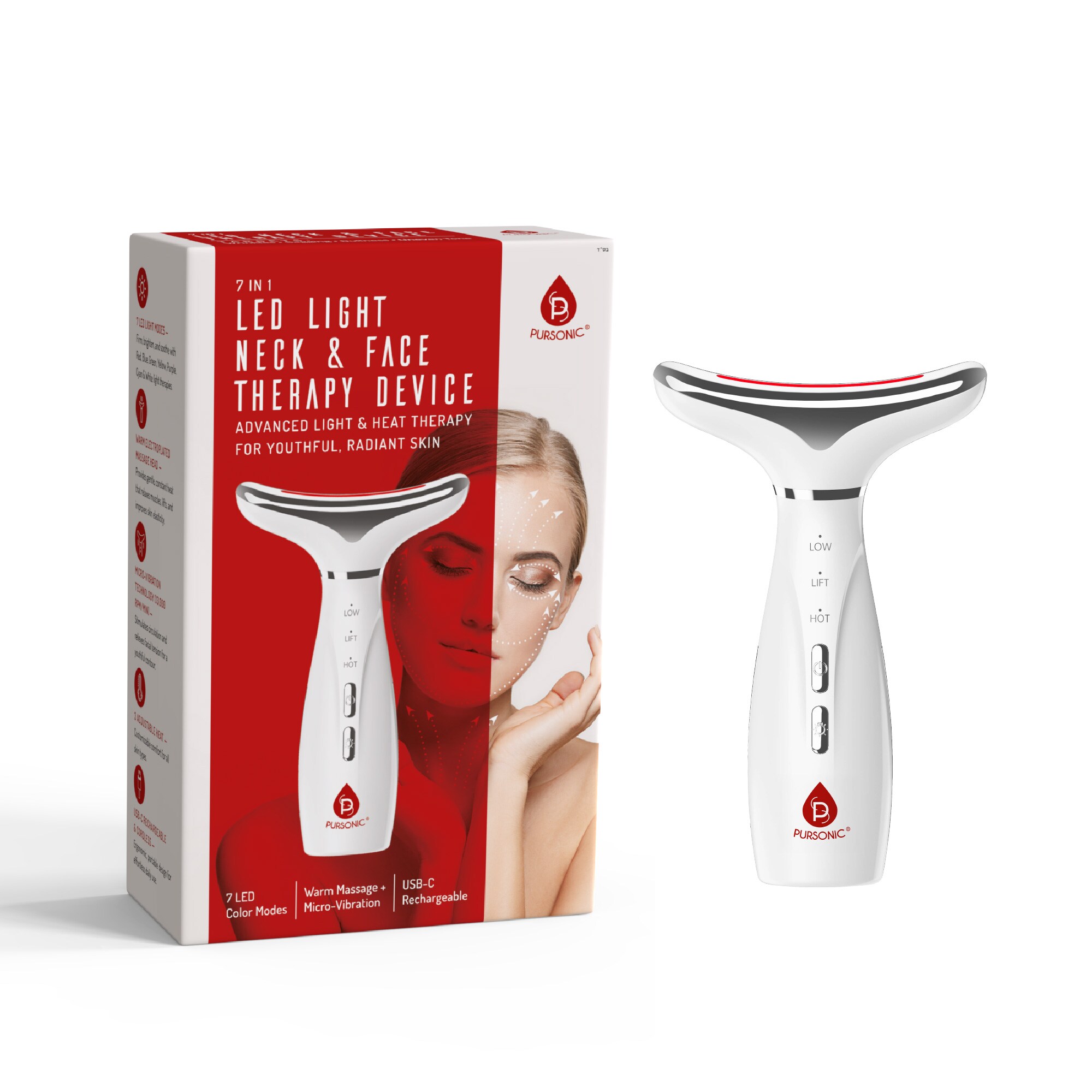 Pursonic 7 Color LED Light Therapy Neck and Face Device Multi Mode Rejuvenation System