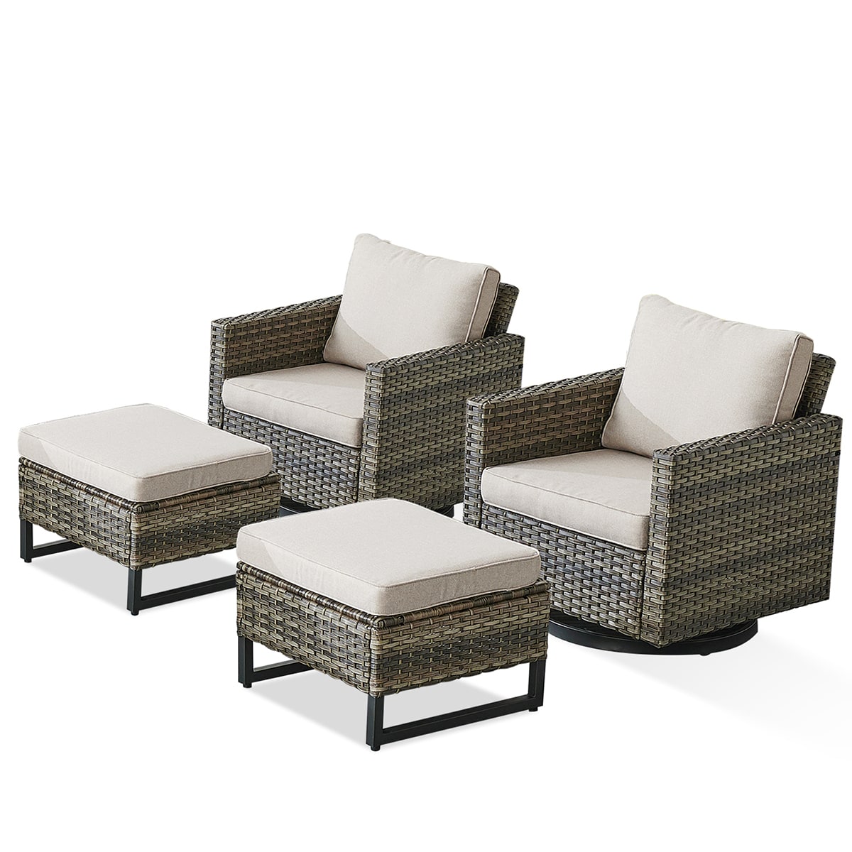 Rilyson FS069097-2 U-FEET Set of 2 Wicker Gray Wicker Frame Swivel glider Conversation Chair with Gray Beige Cushioned Seat