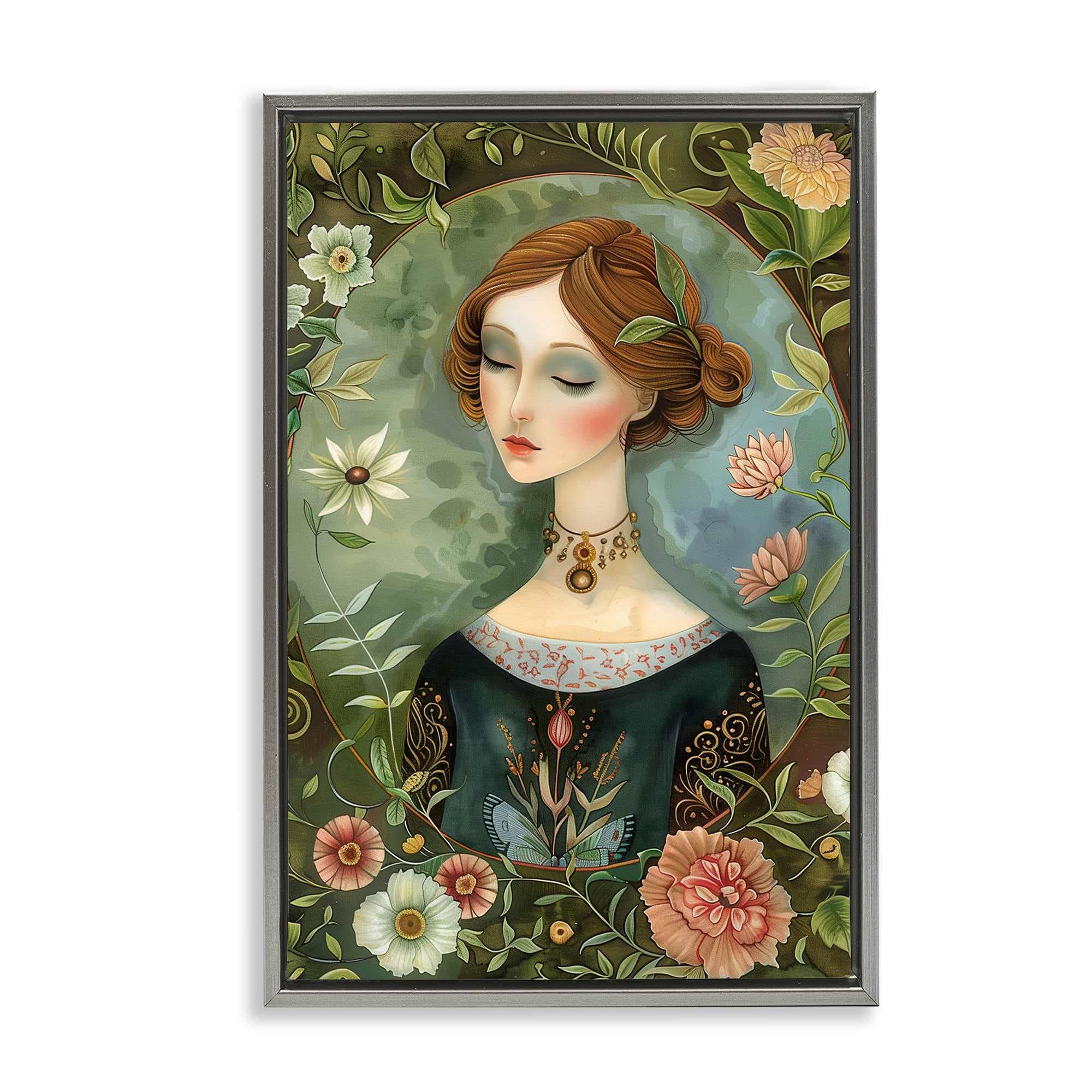 Stupell Industries BT-881-FFL-16X24 Floral Edged Victorian Woman Gray Framed Floater Canvas Wall Art By The Dutch Lady 17 x 25