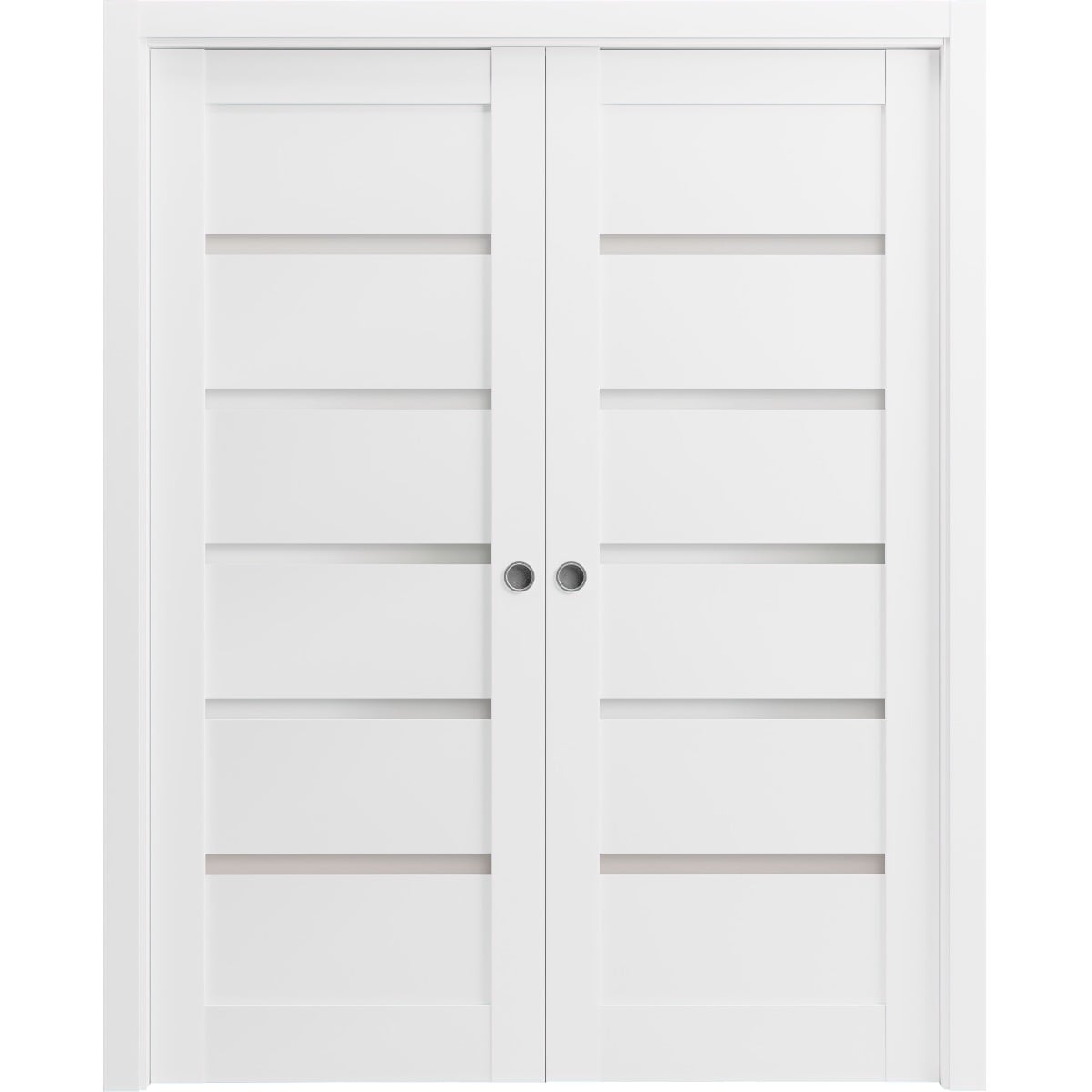 SARTODOORS French Double Pocket Doors 48 x 96 with Frames - Quadro 4117 White Silk with Frosted Opaque Glass - Kit Trims Rail Hardware - Solid Wood Interior Pantry Kitchen Bedroom Sliding Closet Sturdy Door