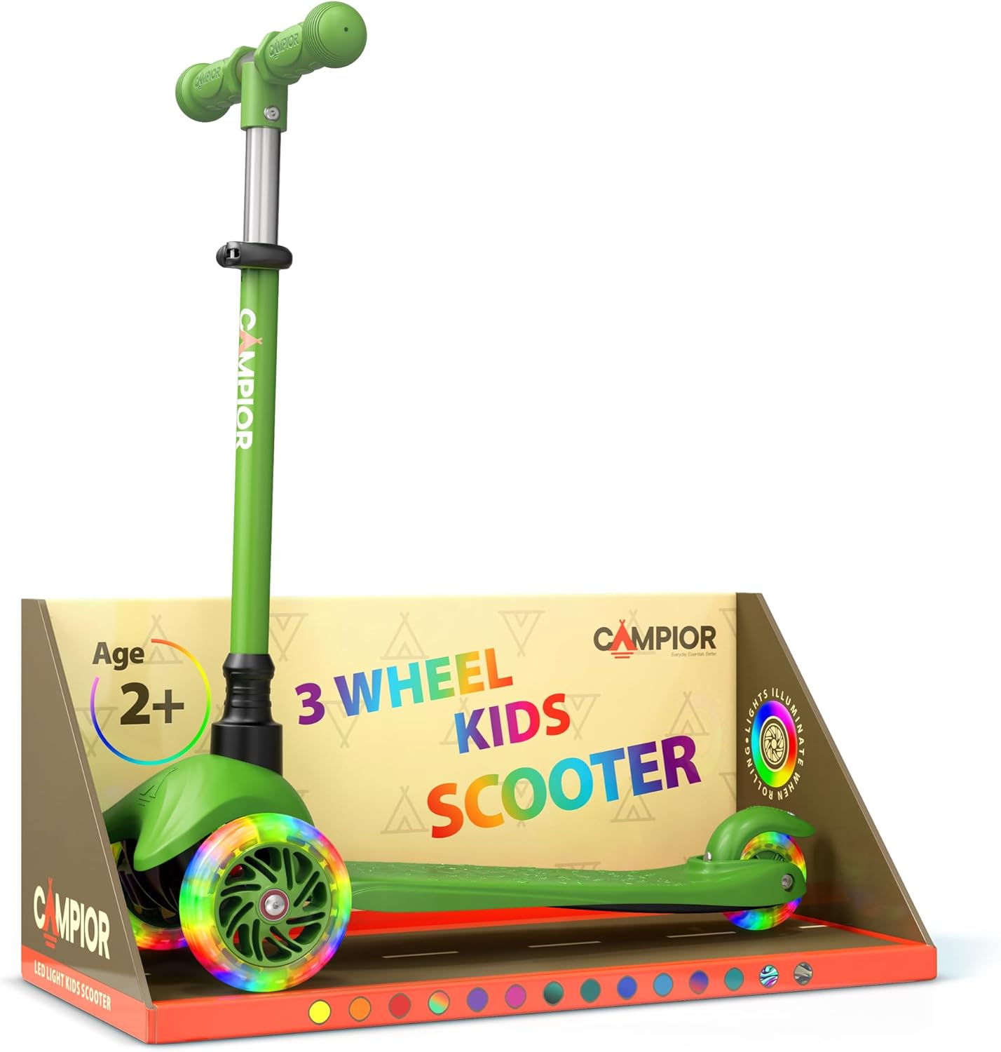 Campior Green Mini 3 Wheel Scooter for Kids Lean to Steer Kick Scooter with LED Light Up Wheels Adjustable Handlebar Wide Anti Slip Deck Smooth PU Wheels Rear Foot Brake for Toddlers and Kids Ages 2 and Up