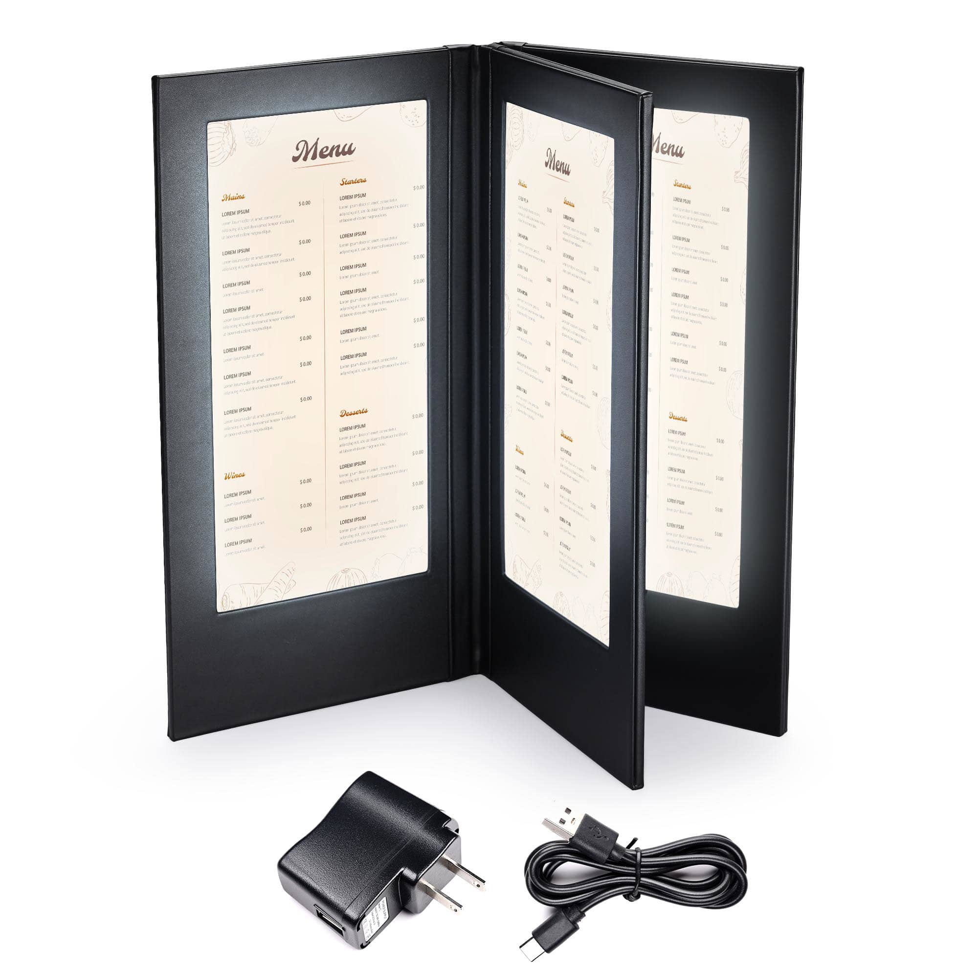 Yescom 26MNC008-4PL5X11-LO WeChef LED Backlit Menu Holder Cover Folding Panel 4 View Fits 5x11IN Paper Club