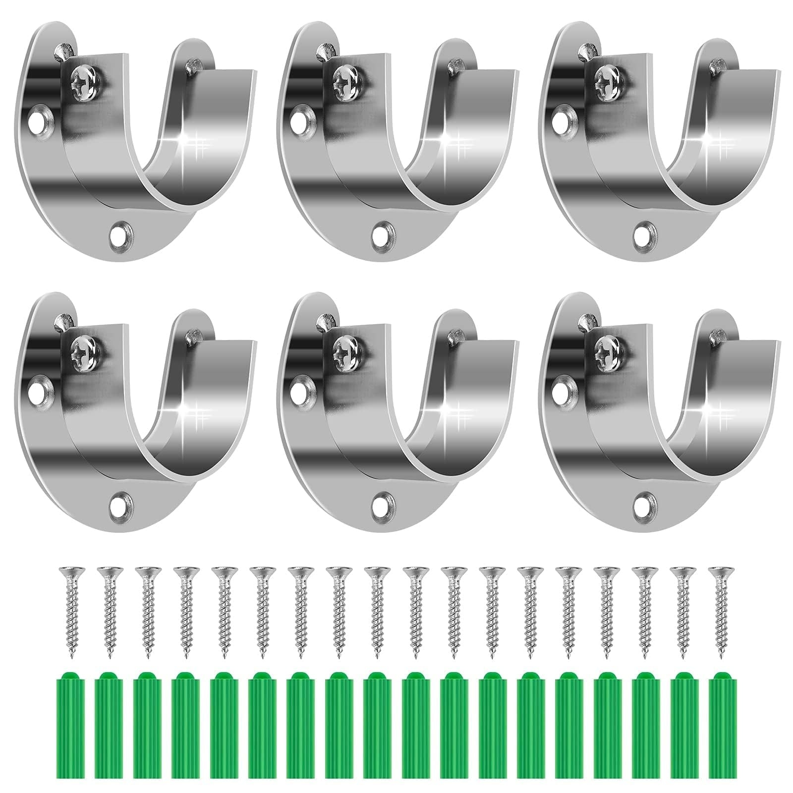 Aoibox  6 Pack Stainless Steel U Shaped Closet Rod Brackets for 1 25 in Diameter Rods with Mounting Hardware