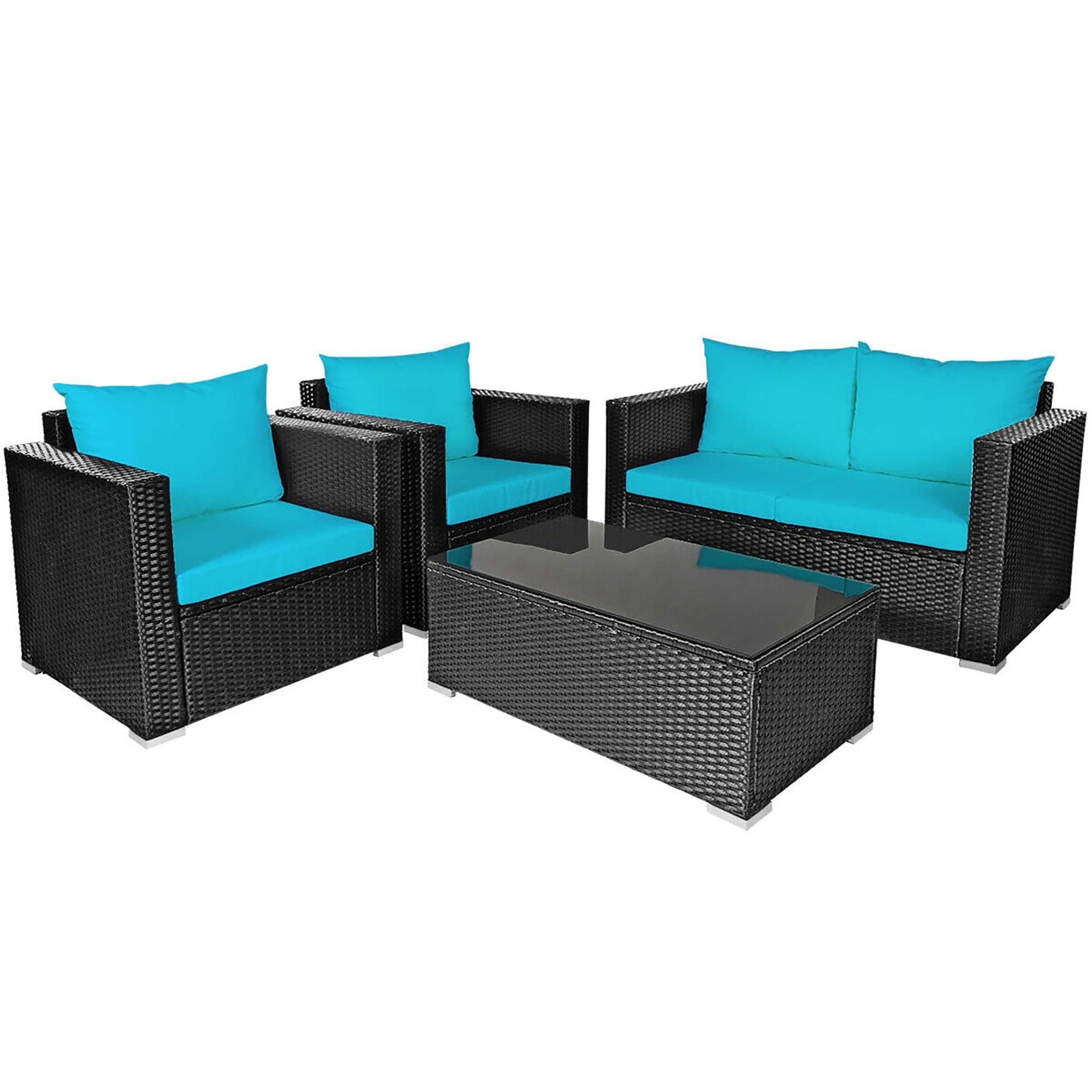 CASAINC BY-W419S00003 4 -Piece Rattan Patio Conversation Set with Blue Cushions