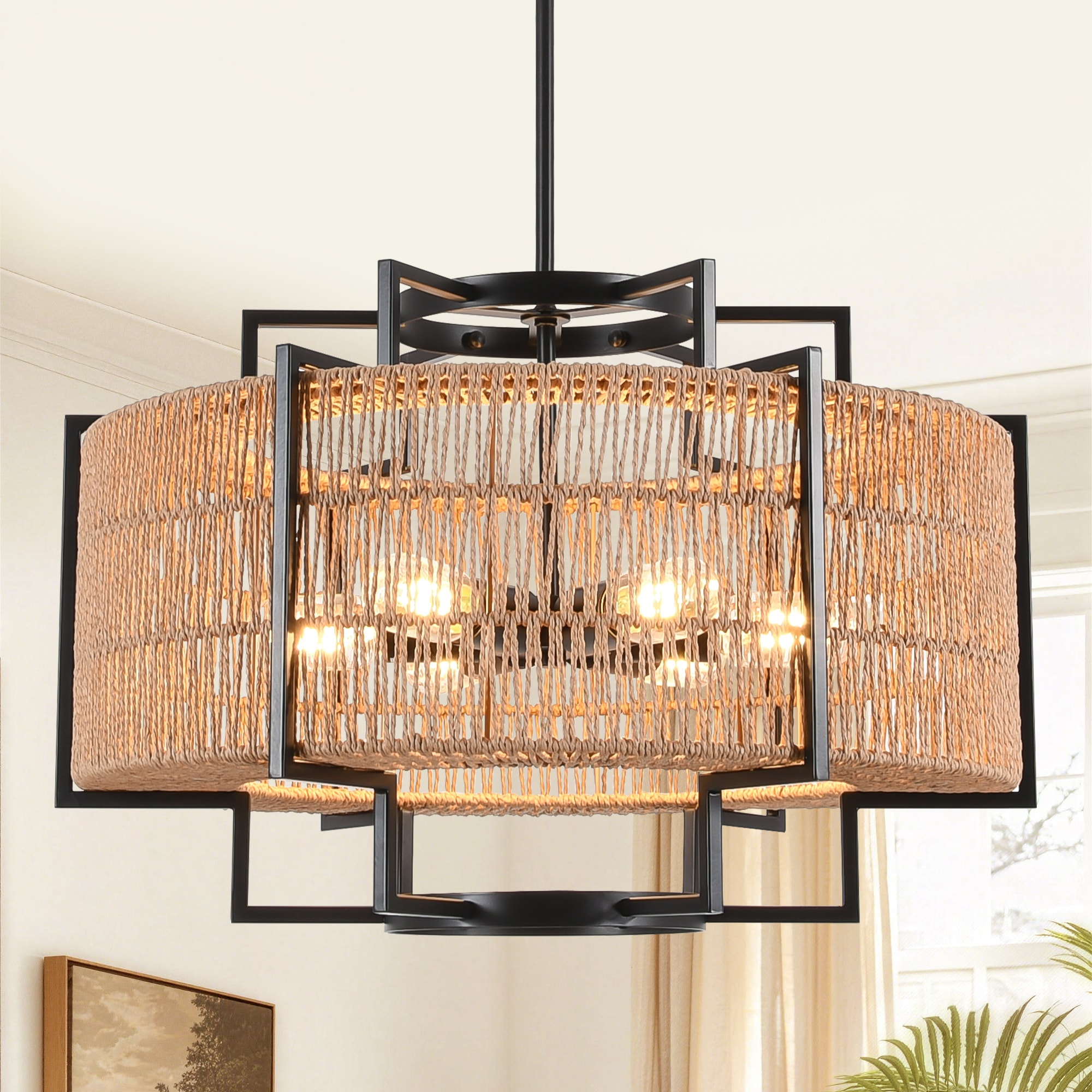ZemSum 22.4-in 6-Light Black Bohemian/global Drum Rattan Metal Wagon Wheel Chandelier