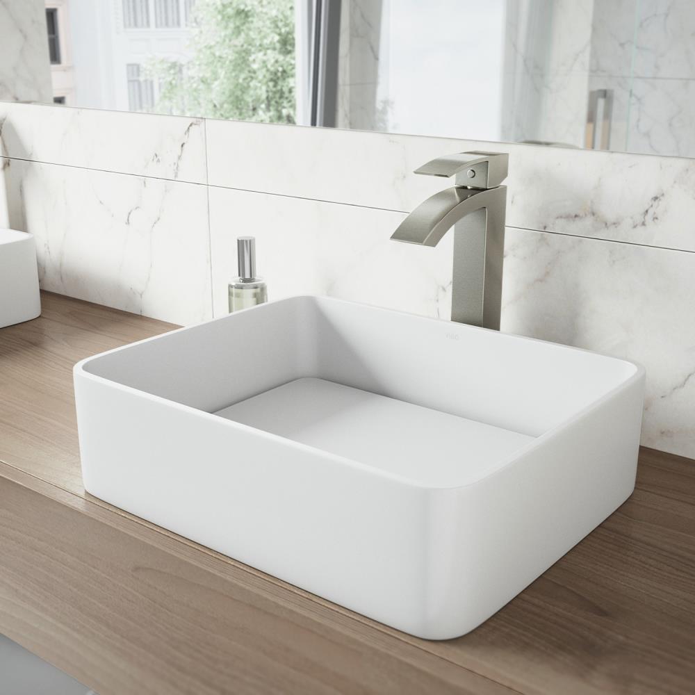 VIGO VGT1260 Vessel sink Matte White Matte Stone Vessel Rectangular Modern Bathroom Sink with Faucet Drain Included (18.125-in x 14.625-in)