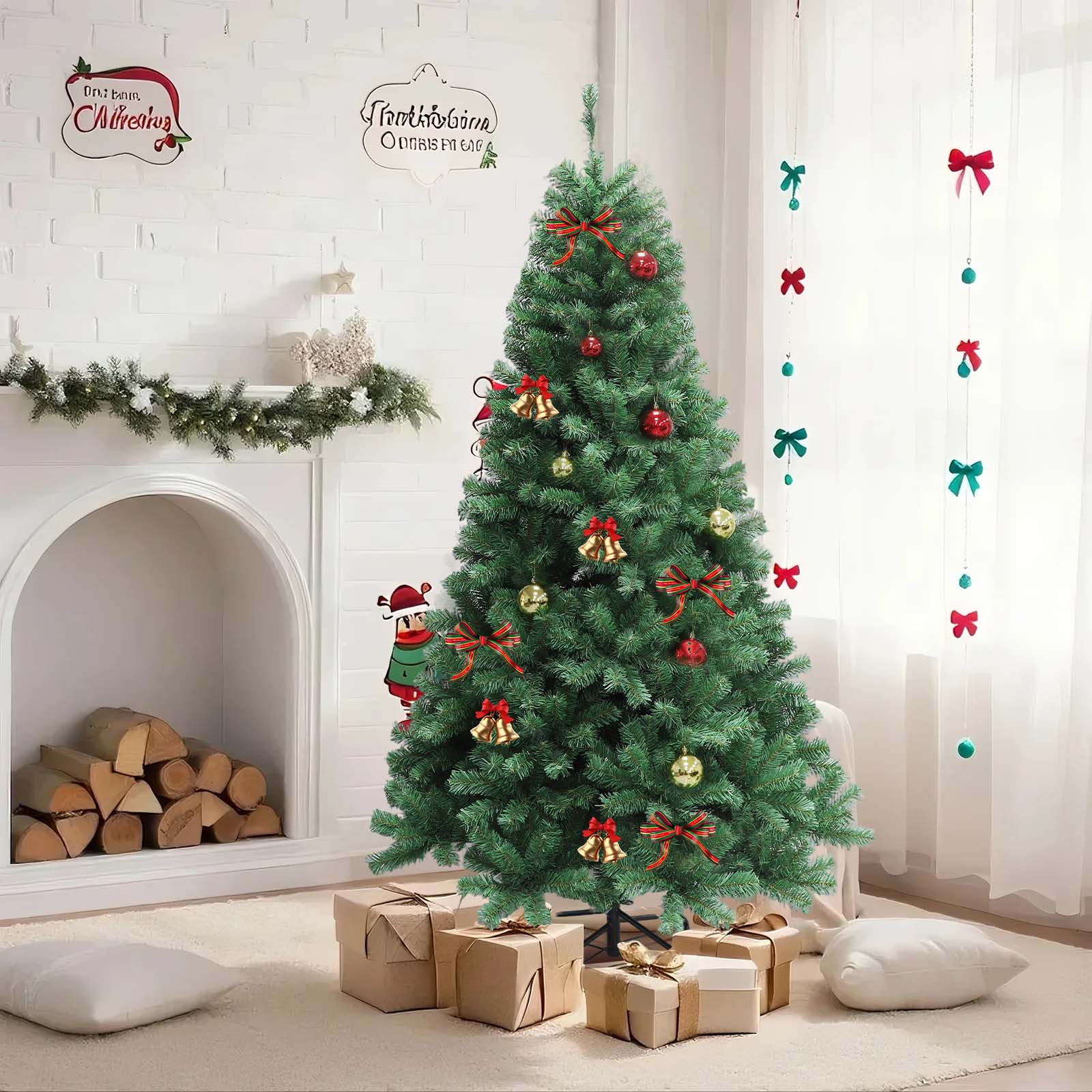 IdealHouse 6ft PreLit Christmas Tree Faux Hinged Xmas Tree and 200 Warm White LED Lights 8 Lighting Modes Gloves 1350 Lush Brance ideal for Home Office Decorationation
