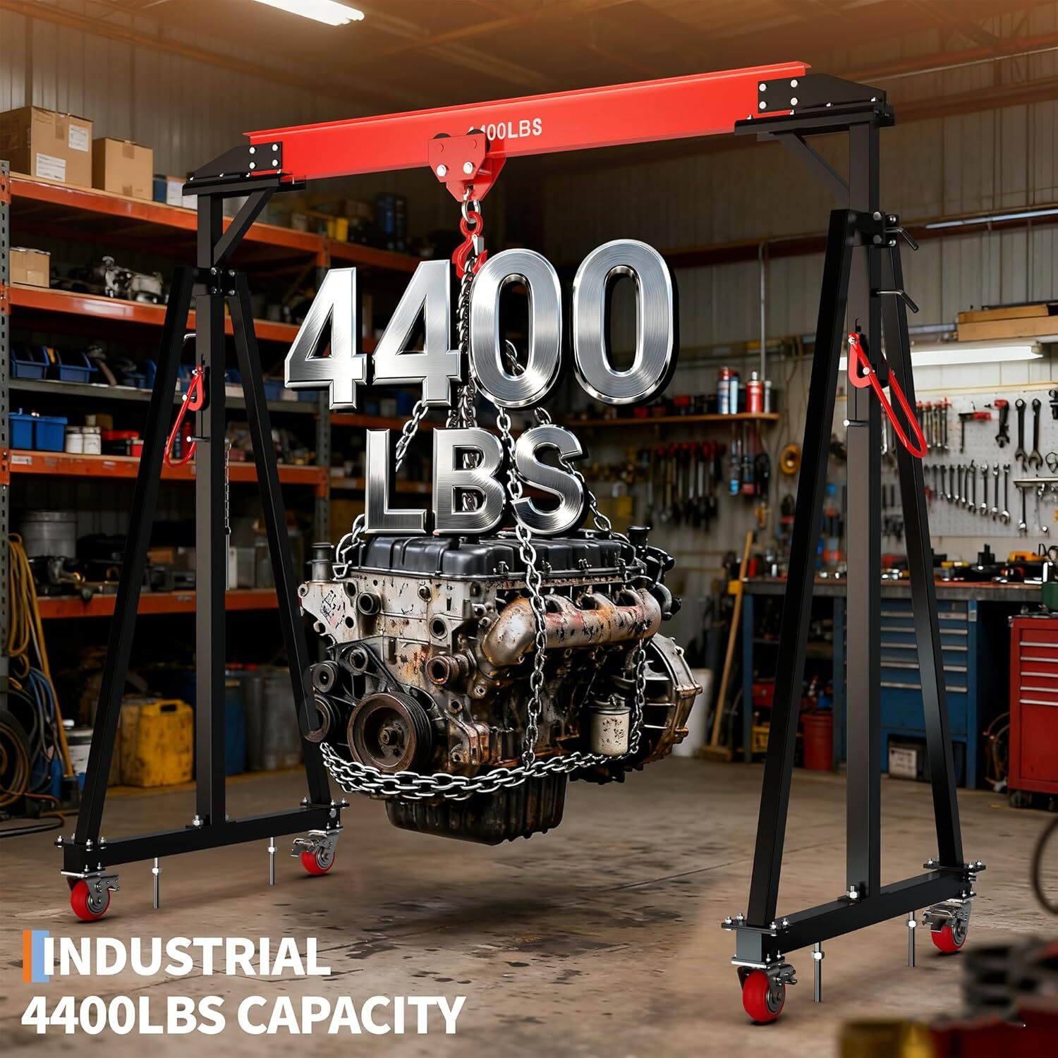 Garvee 2 Ton Adjustable Gantry Crane 4400 lbs Portable I-Beam Hoist with Manual Trolley and Hook 12 Height Settings 97-141inch for Factory Warehouse Auto Repair - Black and red