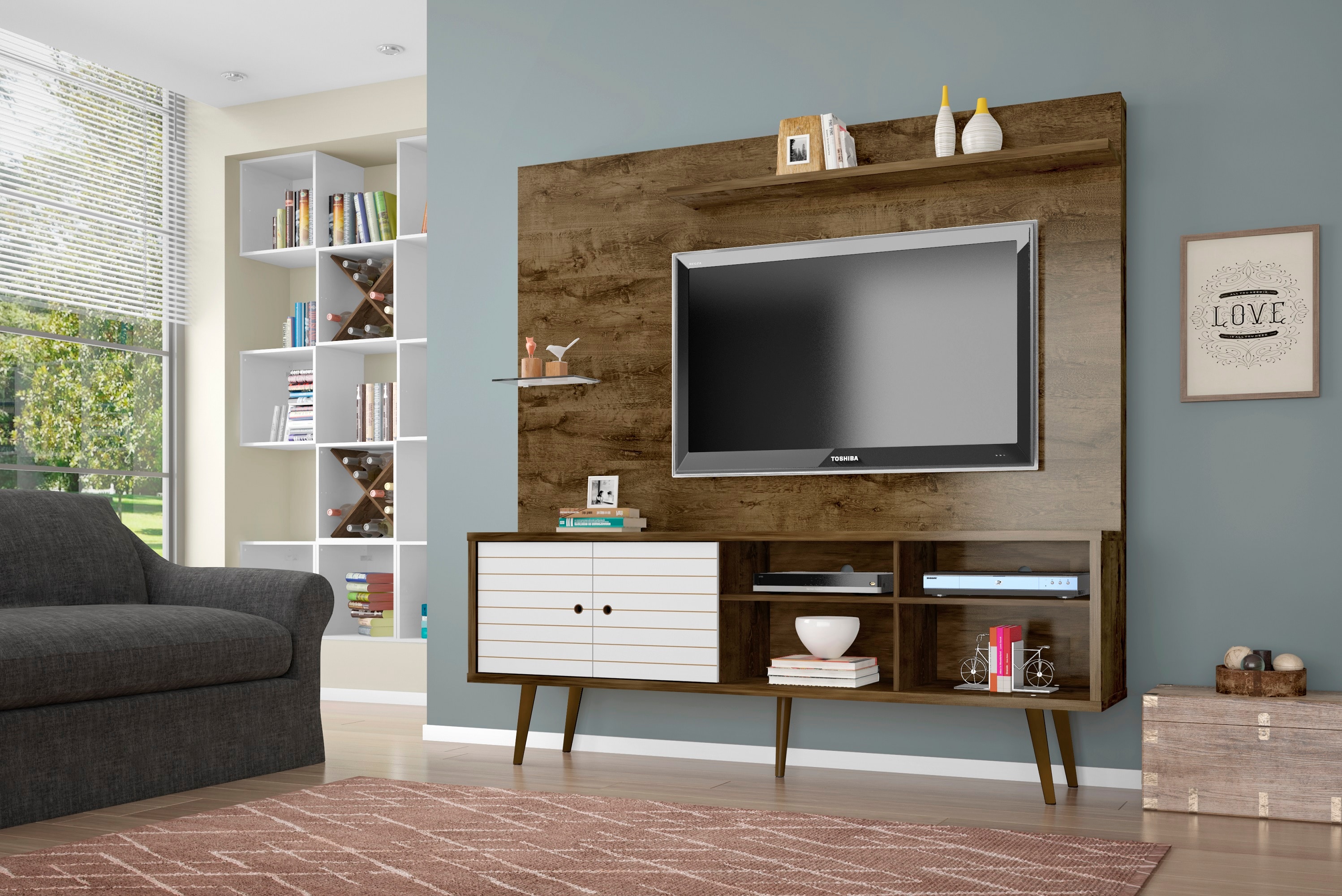 Manhattan Comfort 214BMC96 Liberty Modern/Contemporary Rustic Brown and White TV stand Integrated TV Mount ( Accommodates TVs up to 55-in )