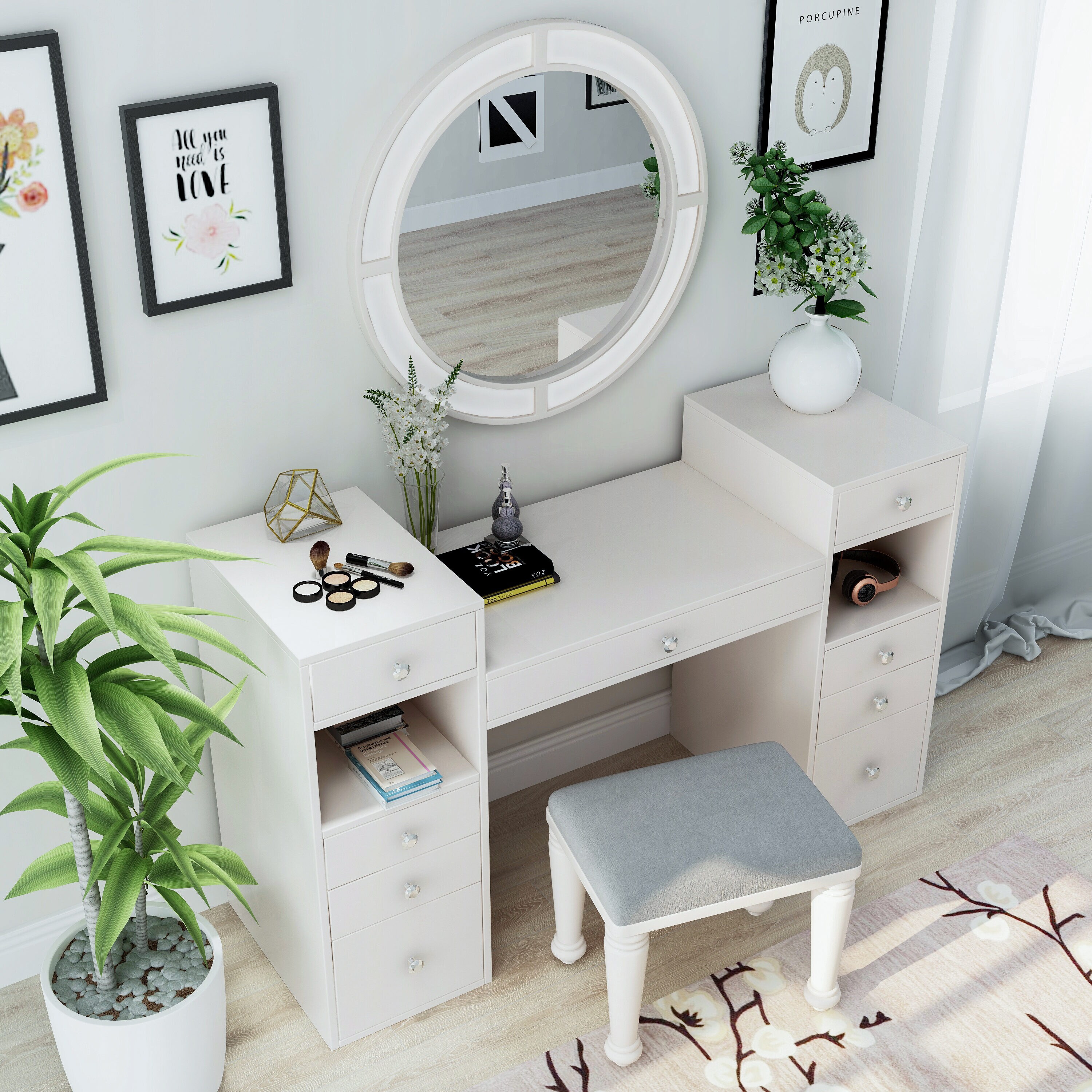 Furniture of America IDF-DK5683WH 60-Inches Luminous White Makeup Vanity