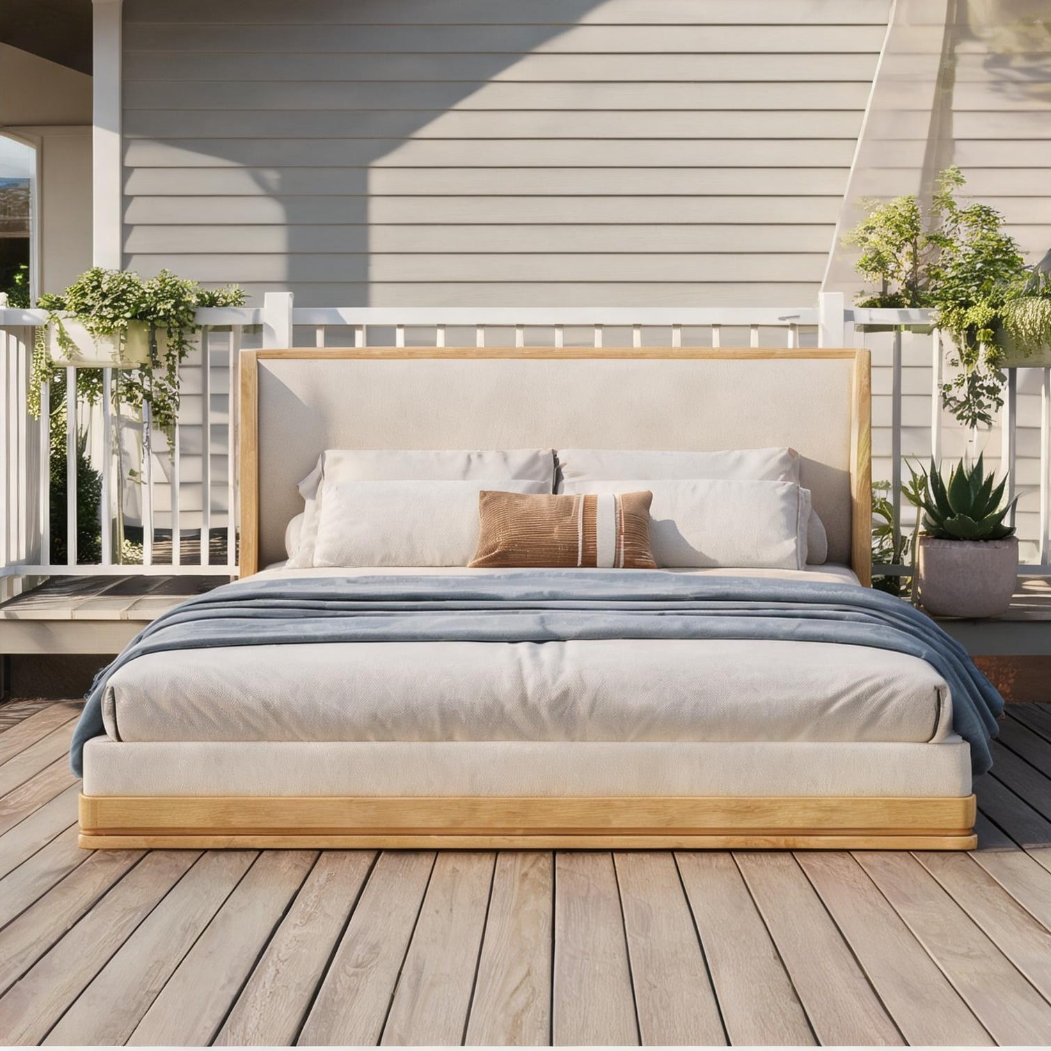 SunJet Beige-Toned Wood and Fabric Queen Platform Bed with Mid-Century ...