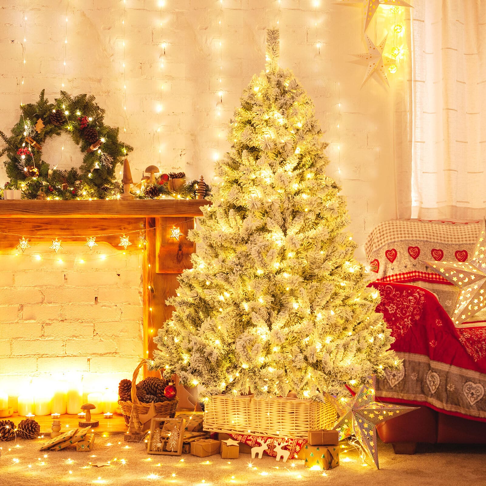 BABOOM 6 Ft Prelit Snow Flocked Christmas Tree Artificial Tree with 300 Warm LED Lights