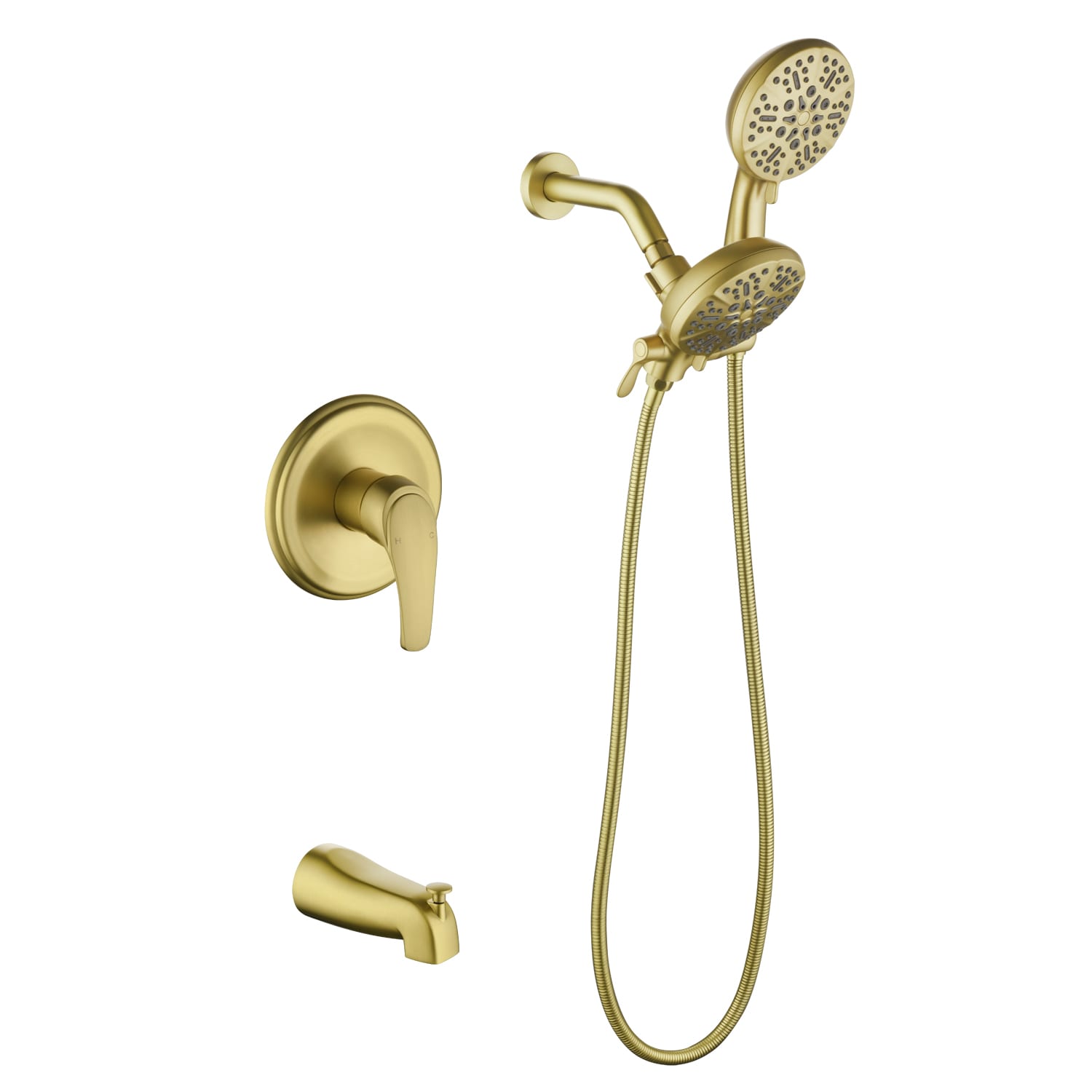 Vanityfus 7-funtion Dual Shower Head Bathroom Shower System with Tub Spout-Brushed Gold