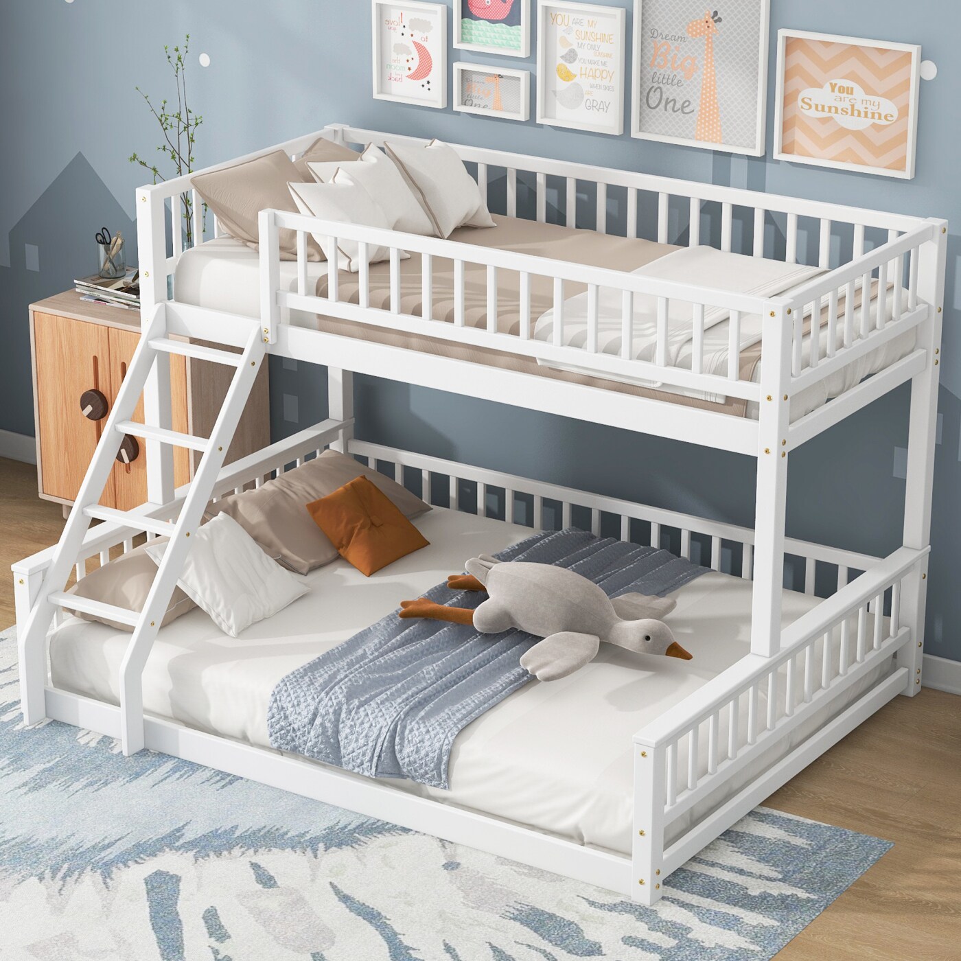 CHITA Twin XL Size over Queen Size Modern Wood Bunk Bed with Storage Space Ladder Guardrails No Box Spring Needed White