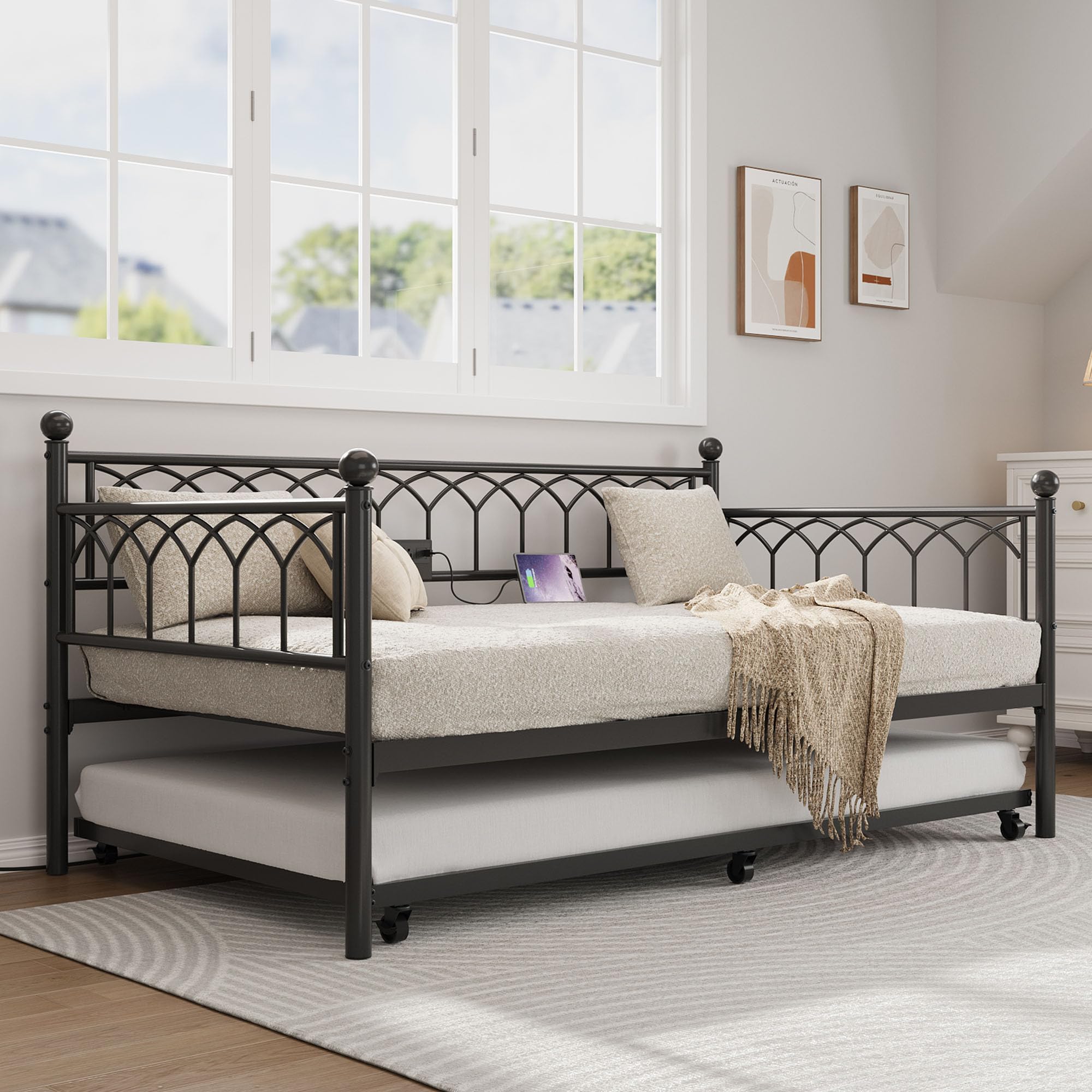 GarveeLife - Twin Daybed with Trundle Metal Trundle Bed with Charging Station and LED Lights Sofa...