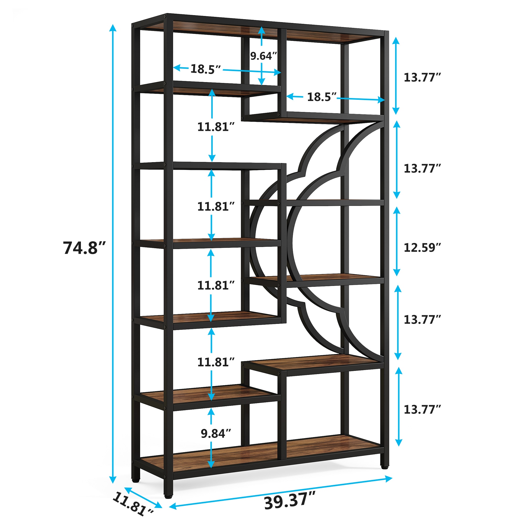 Tribesigns Brown Metal 11-Shelf Bookcase (39.37-in W x 74.8-in H x 11. ...