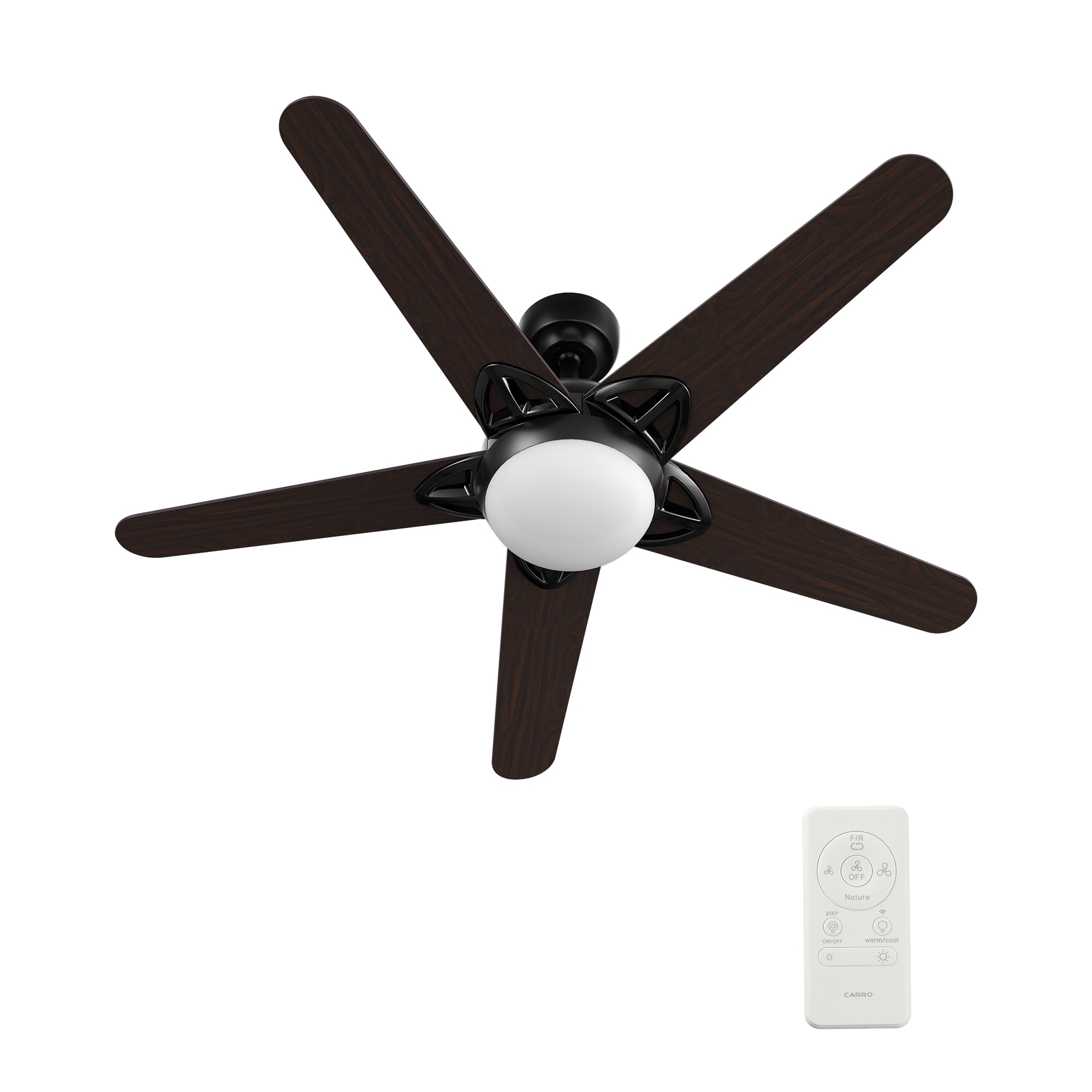 CARRO USA Sonnen 52-in Black with Walnut Blades Color-changing Indoor/Outdoor Smart Ceiling Fan with Light and Remote (5-Blade) LS525W-L12-B5-1 Sansujyuku sansujyuku.com