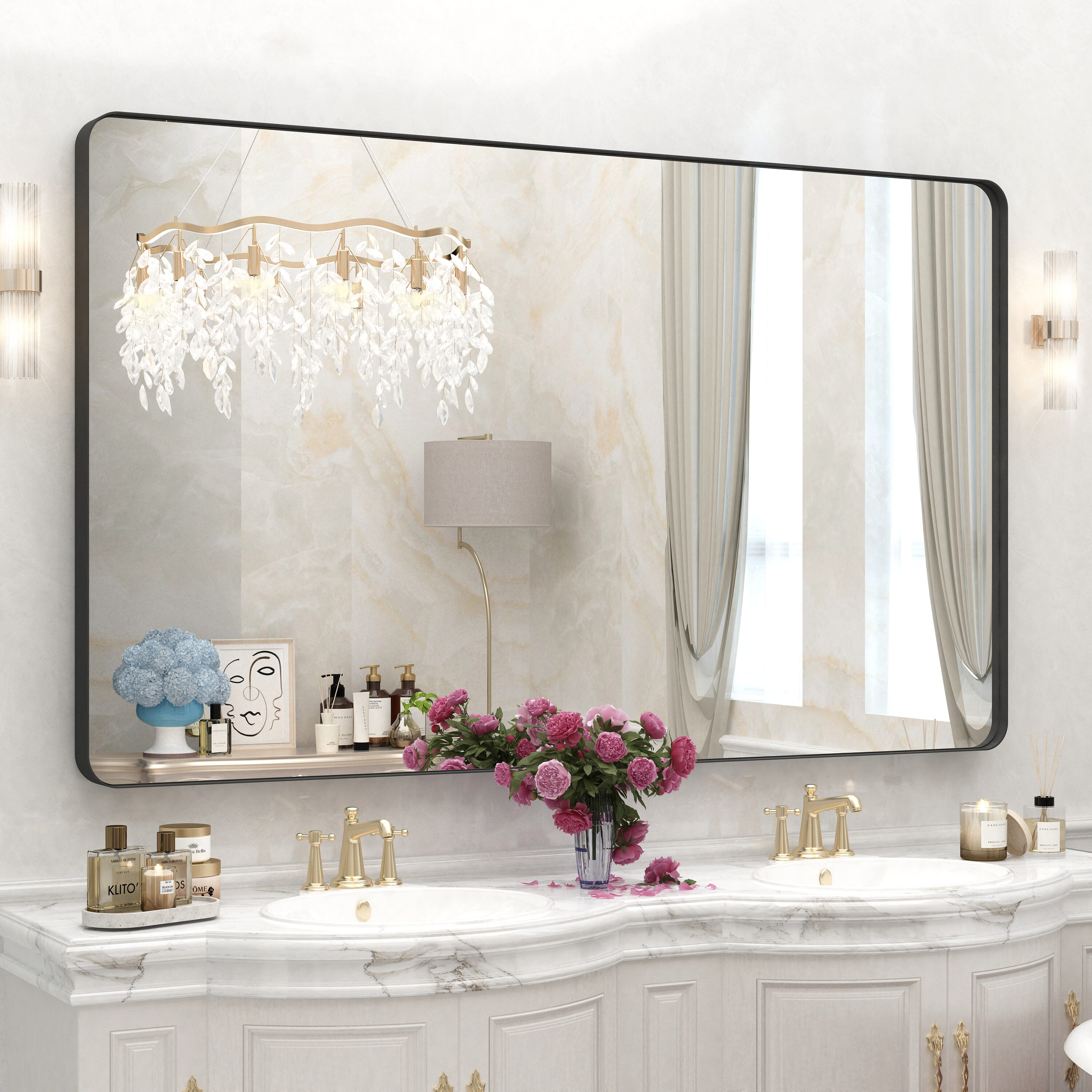 Yulika Ptjz 59-in x 36-in Framed Rectangle Bathroom Vanity Mirror ( Black )